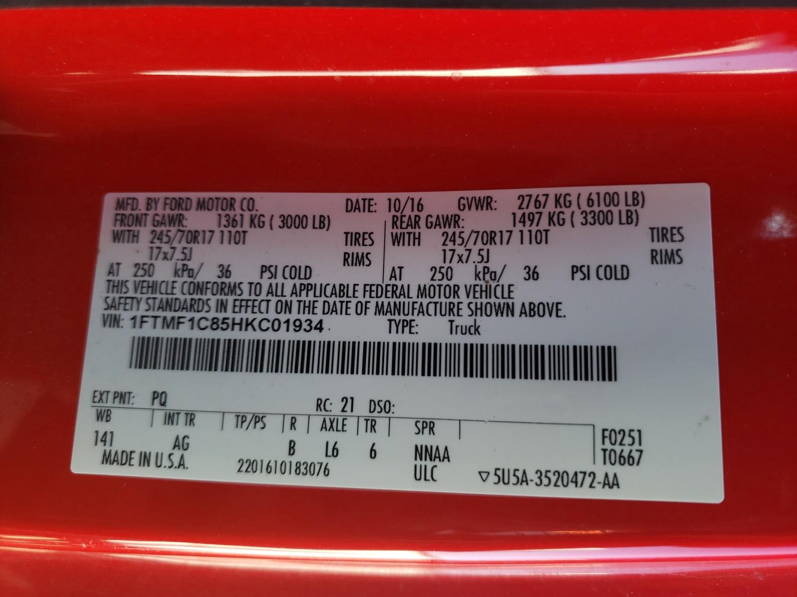 Photo 10 from auction – 2017 FORD F150 with VIN 1FTMF1C85HKC01934