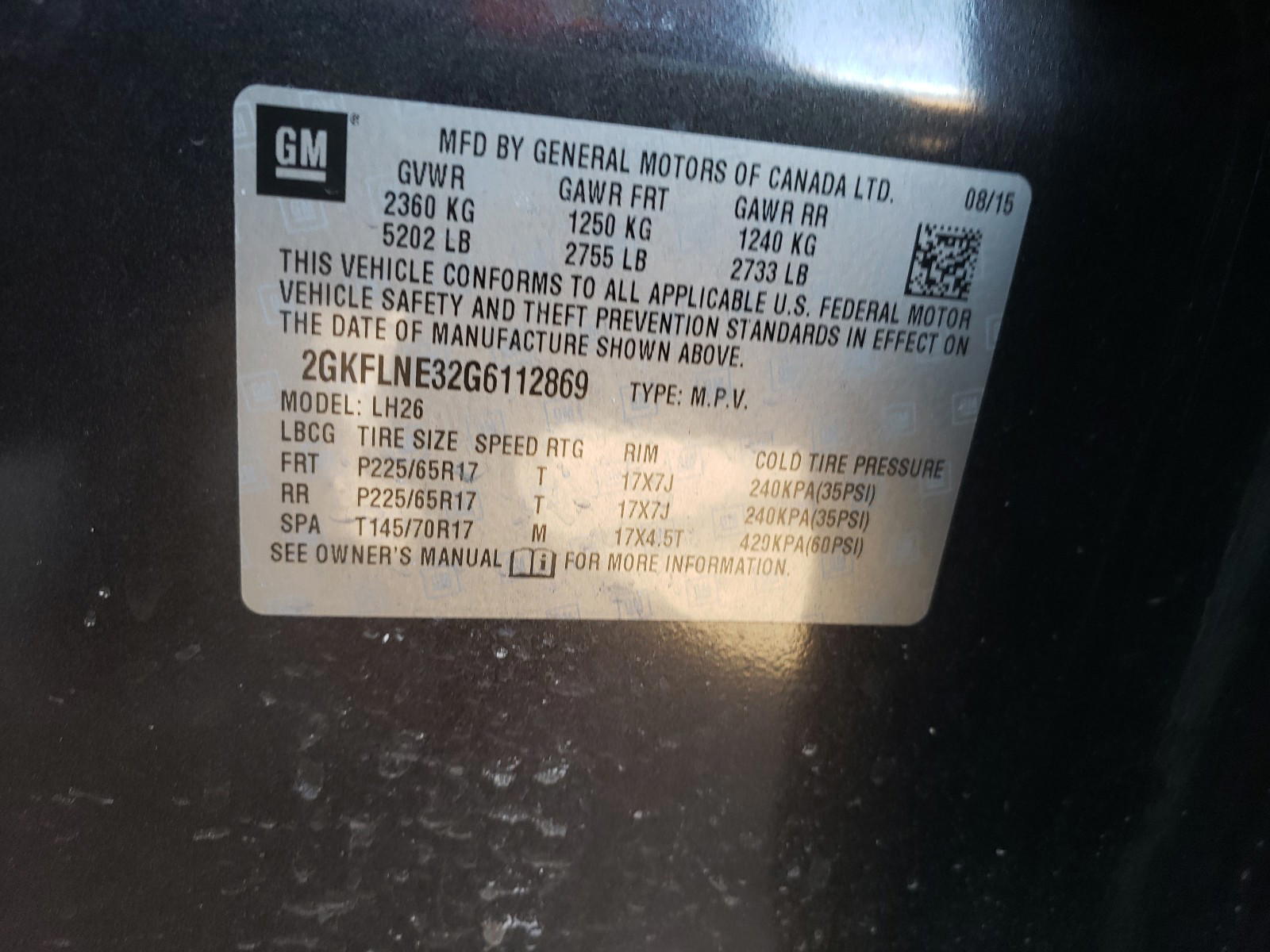 Photo 10 from auction – 2016 GMC TERRAIN SL with VIN 2GKFLNE32G6112869
