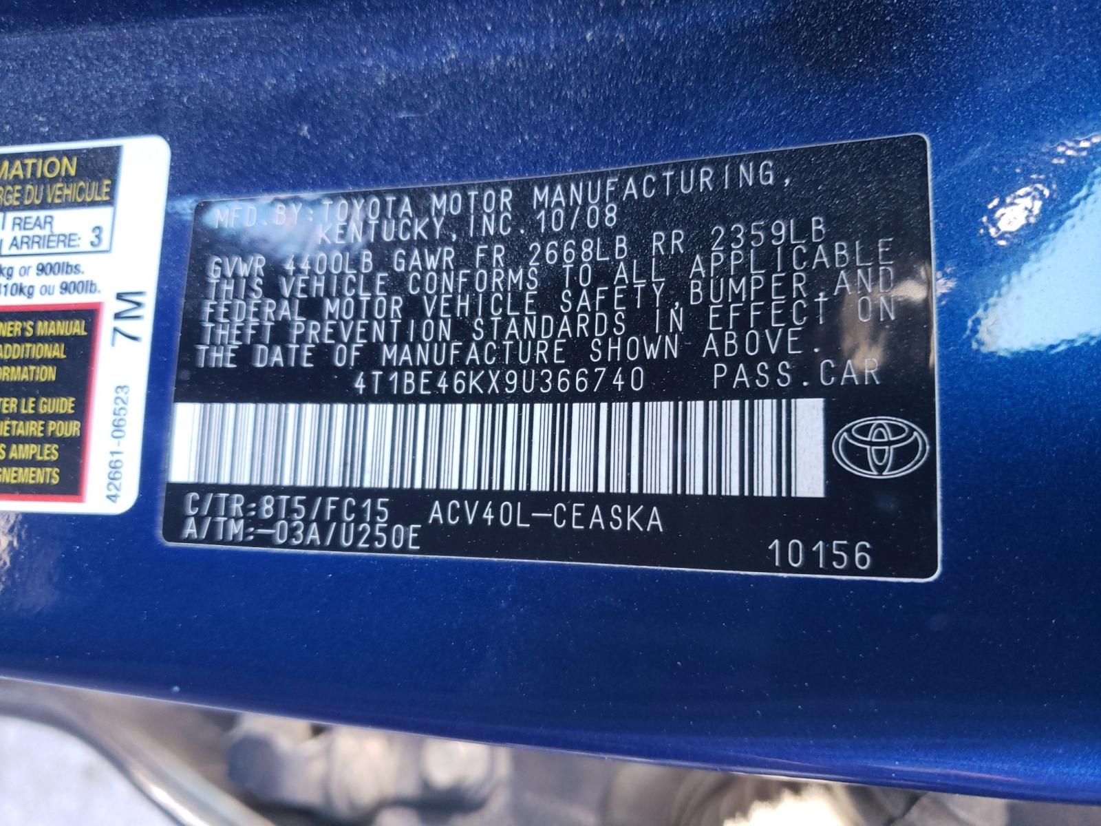 Photo 10 from auction – 2009 TOYOTA CAMRY BASE with VIN 4T1BE46KX9U366740