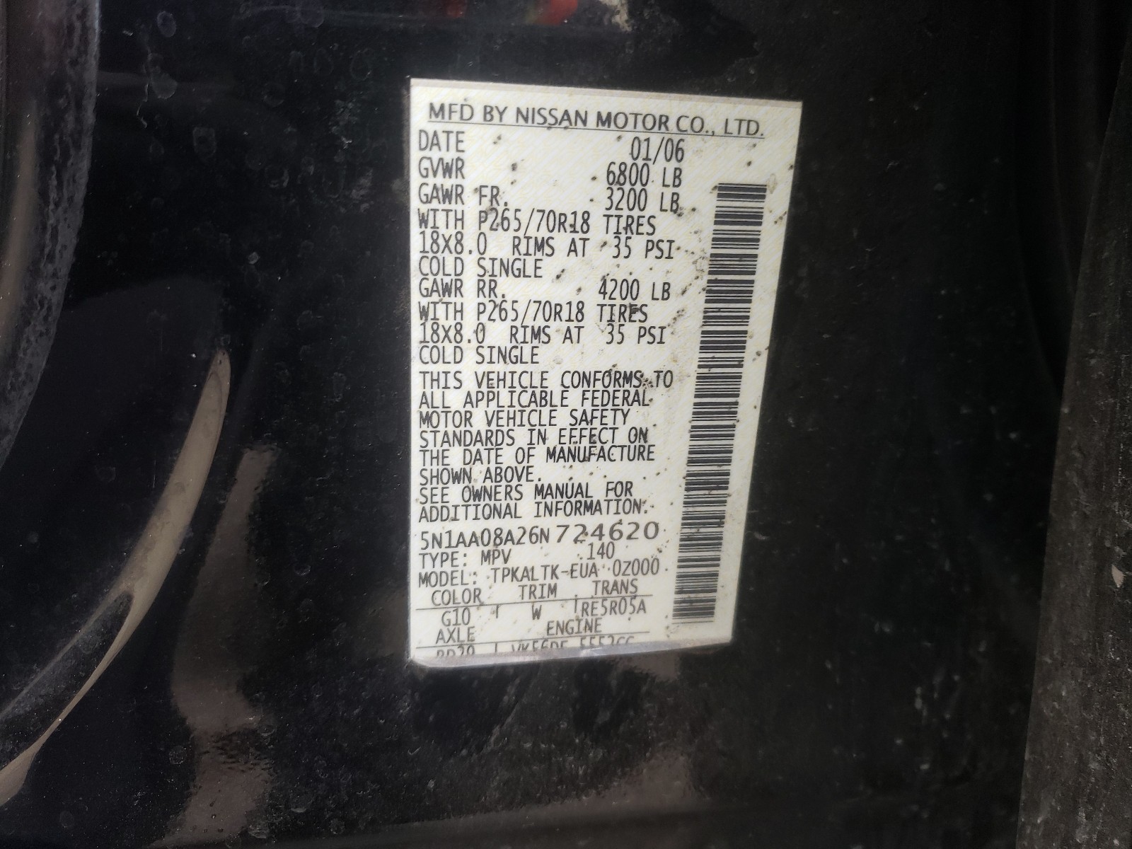 Photo 20 from auction – 2006 NISSAN ARMADA SE with VIN 5N1AA08A26N724620