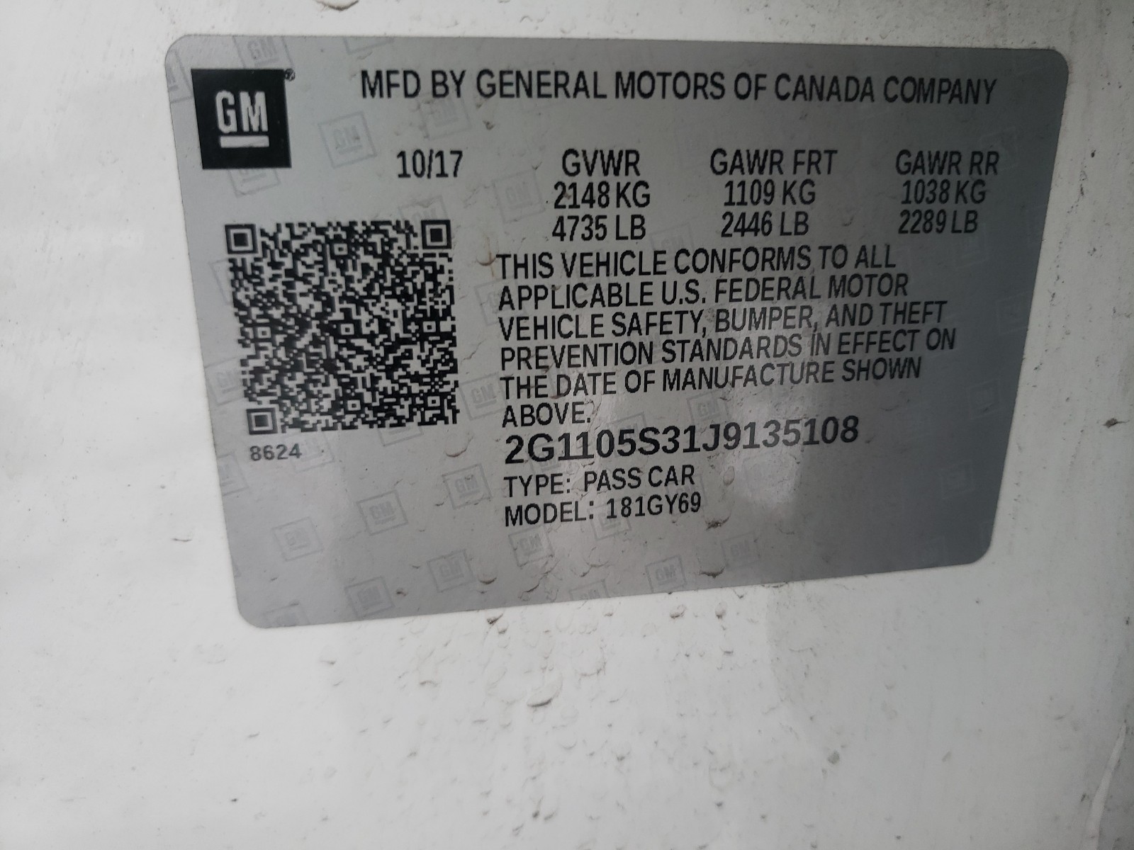 Photo 10 from auction – 2018 CHEVROLET IMPALA LT with VIN 2G1105S31J9135108