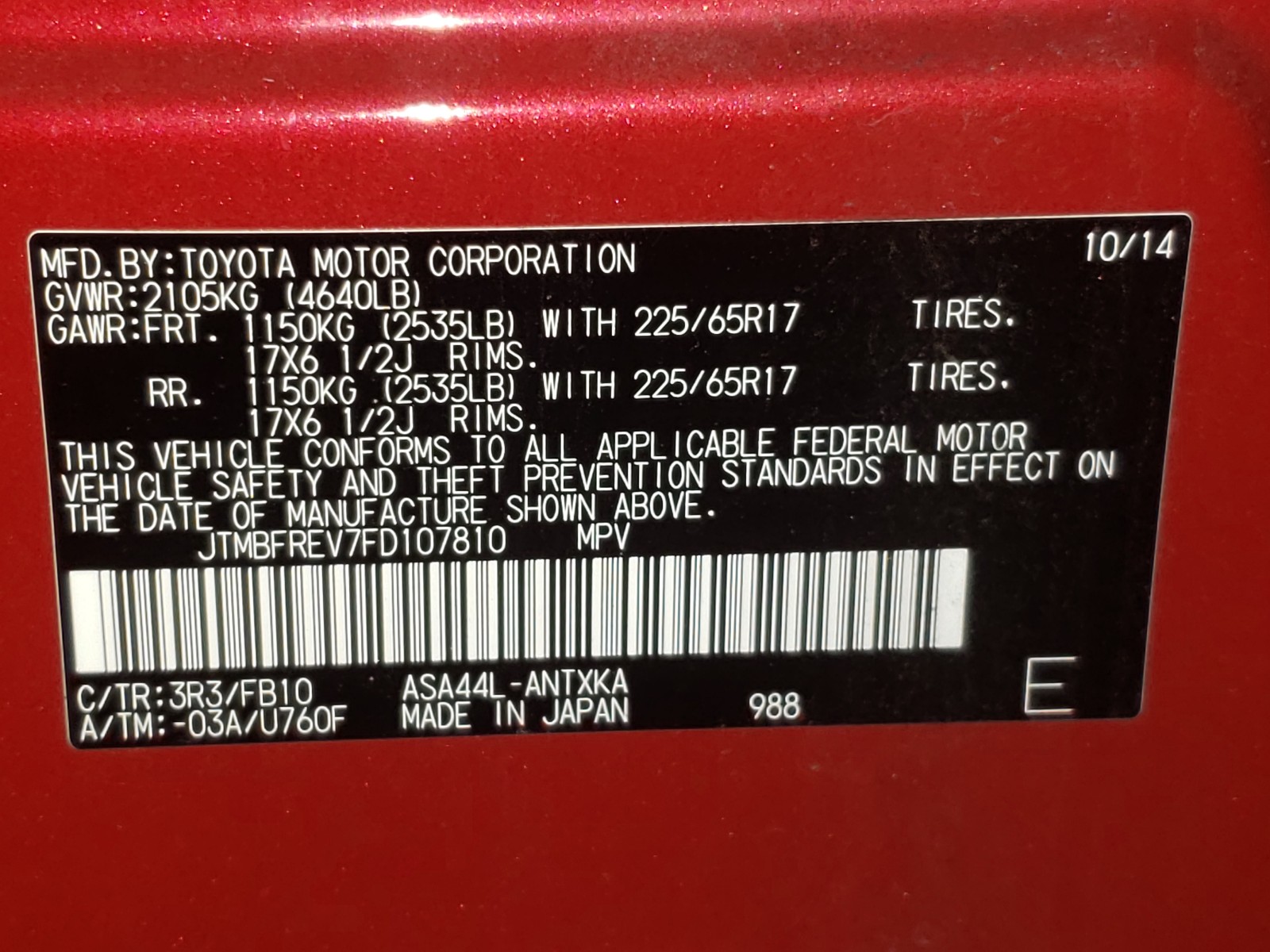 Photo 10 from auction – 2015 TOYOTA RAV4 LE with VIN JTMBFREV7FD107810