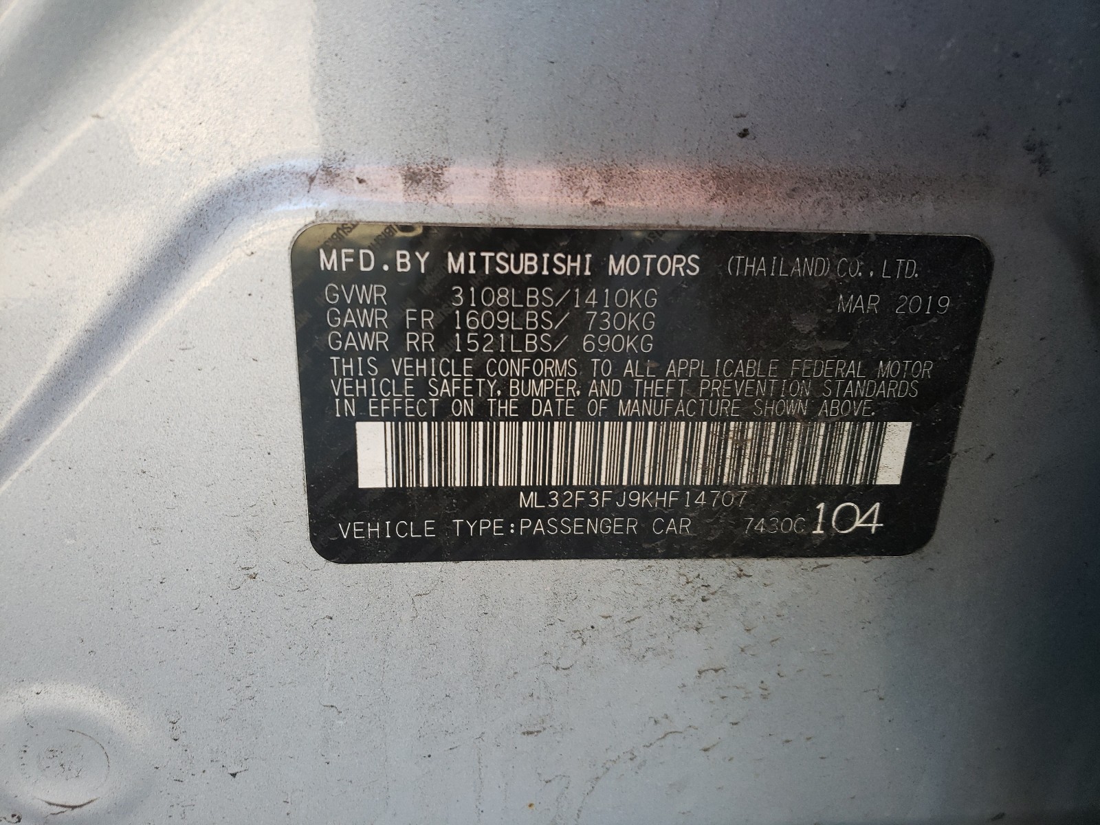 Photo 10 from auction – 2019 MITSUBISHI MIRAGE G4 with VIN ML32F3FJ9KHF14707