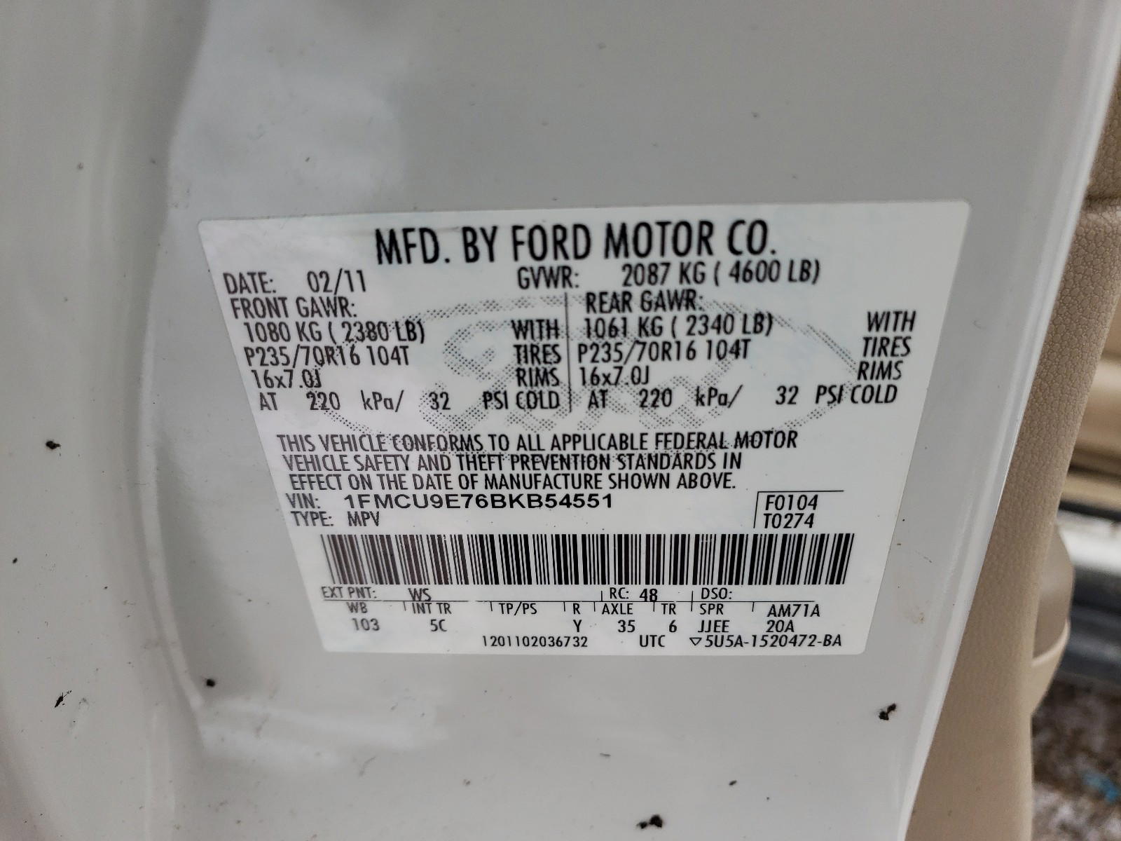 Photo 10 from auction – 2011 FORD ESCAPE LIM with VIN 1FMCU9E76BKB54551