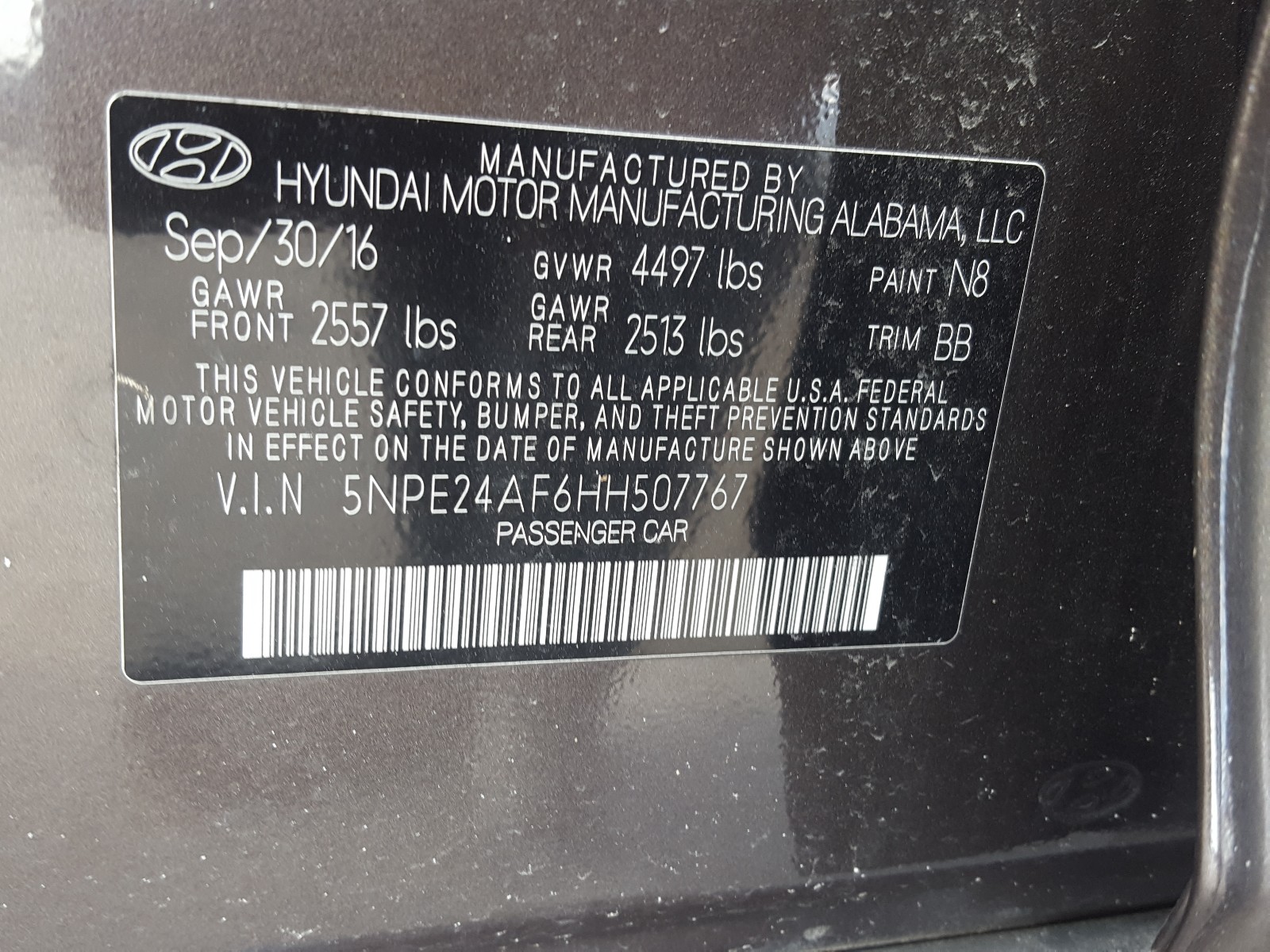 Photo 10 from auction – 2017 HYUNDAI SONATA SE with VIN 5NPE24AF6HH507767