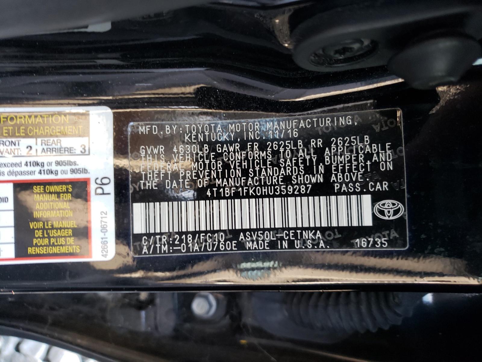Photo 10 from auction – 2017 TOYOTA CAMRY LE with VIN 4T1BF1FK0HU359287