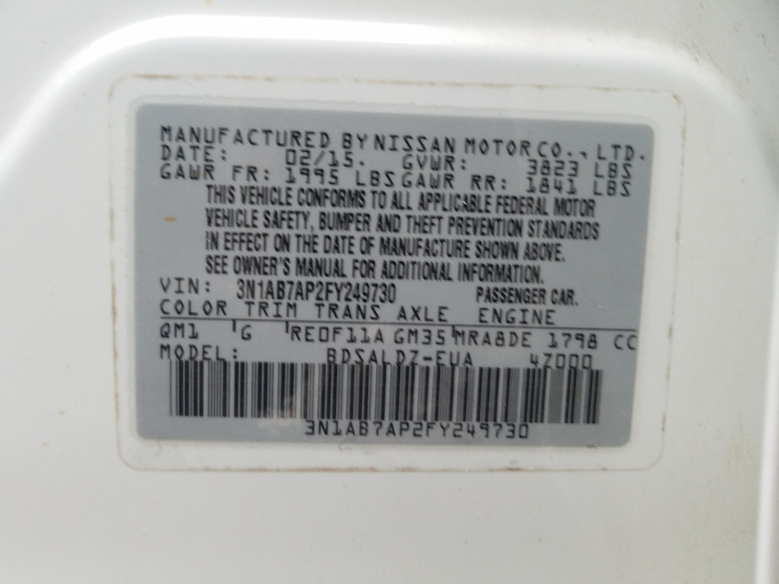 Photo 10 from auction – 2015 NISSAN SENTRA S with VIN 3N1AB7AP2FY249730