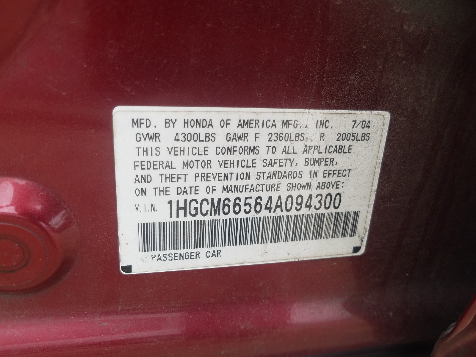 Photo 10 from auction – 2004 HONDA ACCORD EX with VIN 1HGCM66564A094300