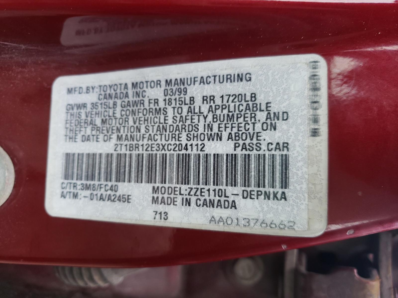 Photo 10 from auction – 1999 TOYOTA COROLLA VE with VIN 2T1BR12E3XC204112