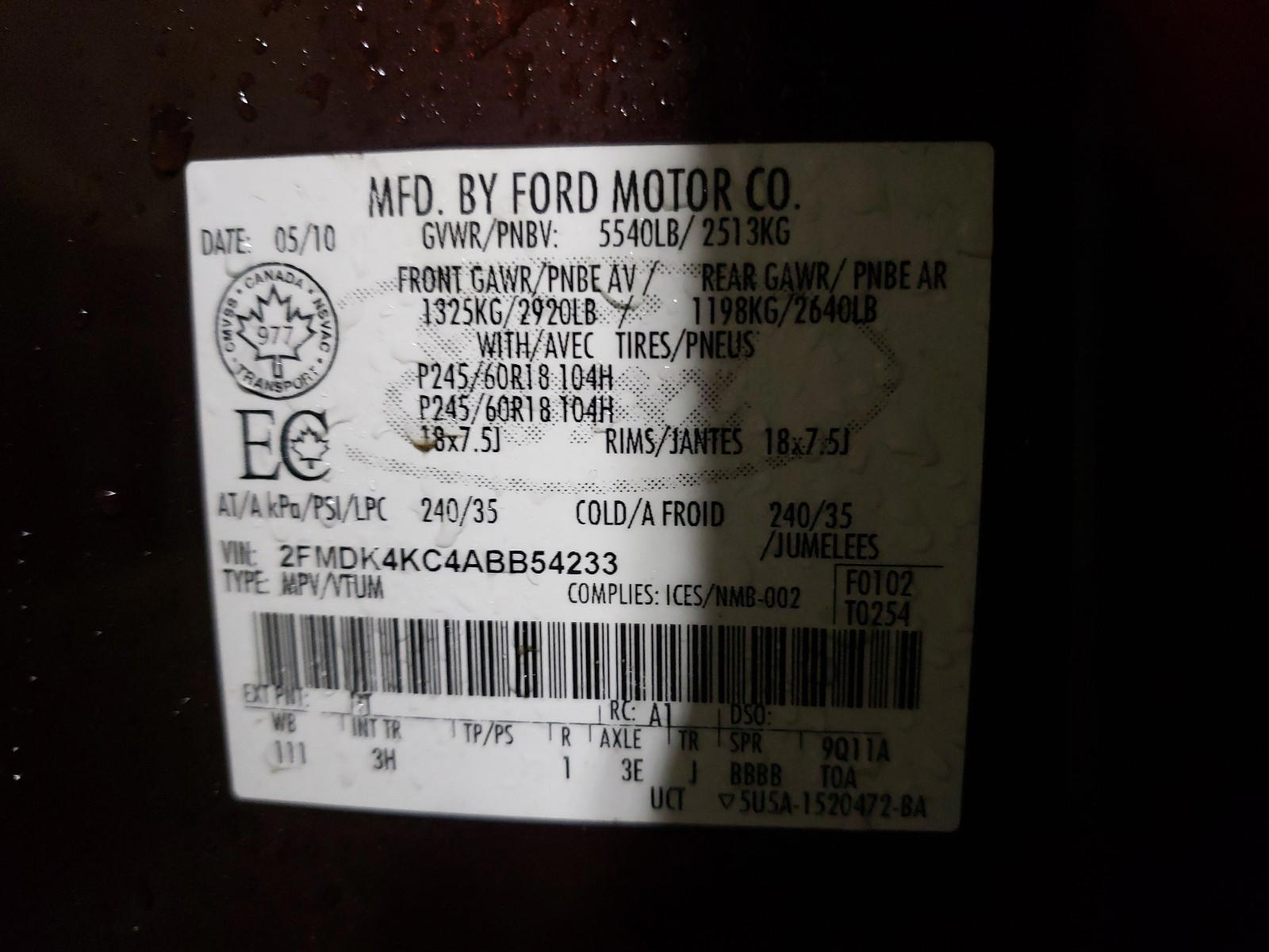 Photo 10 from auction – 2010 FORD EDGE LIMIT with VIN 2FMDK4KC4ABB54233