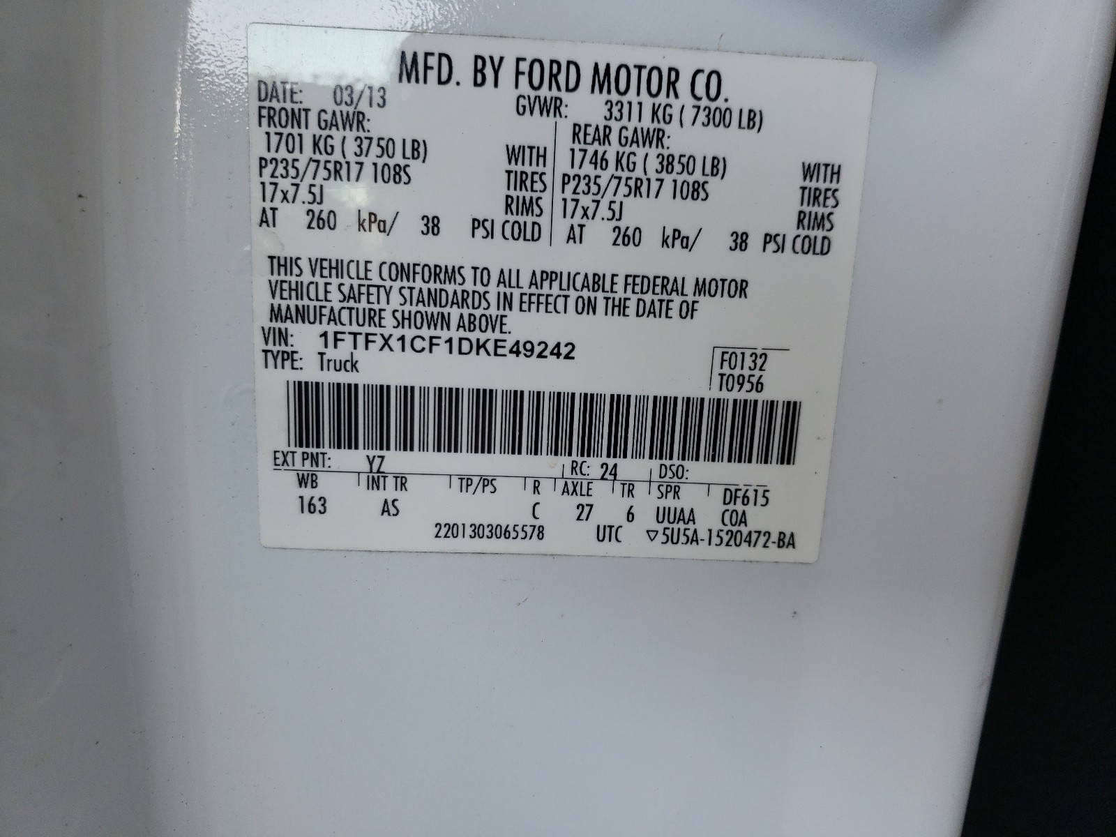 Photo 10 from auction – 2013 FORD F150 SUPER with VIN 1FTFX1CF1DKE49242