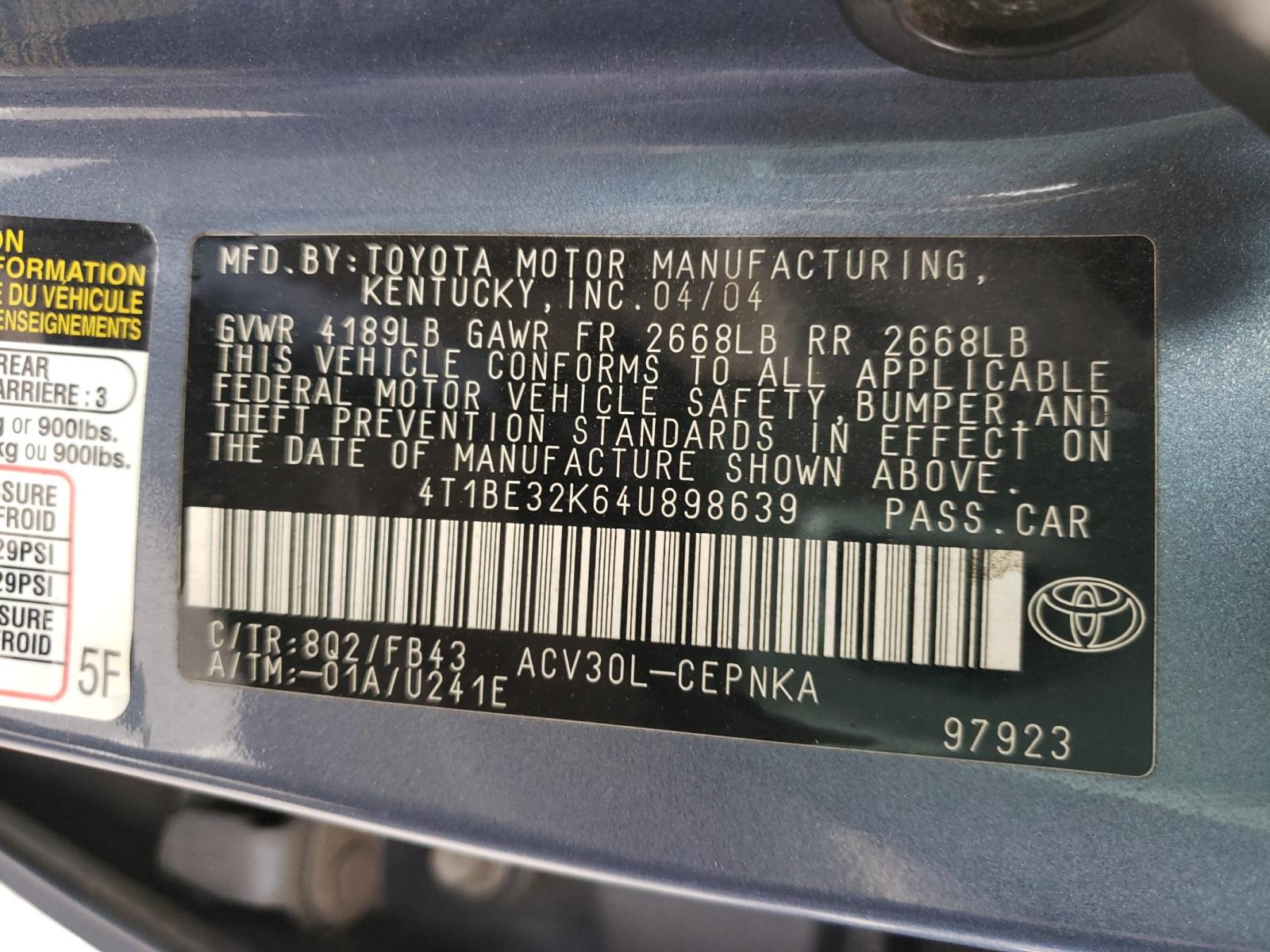 Photo 10 from auction – 2004 TOYOTA CAMRY LE with VIN 4T1BE32K64U898639
