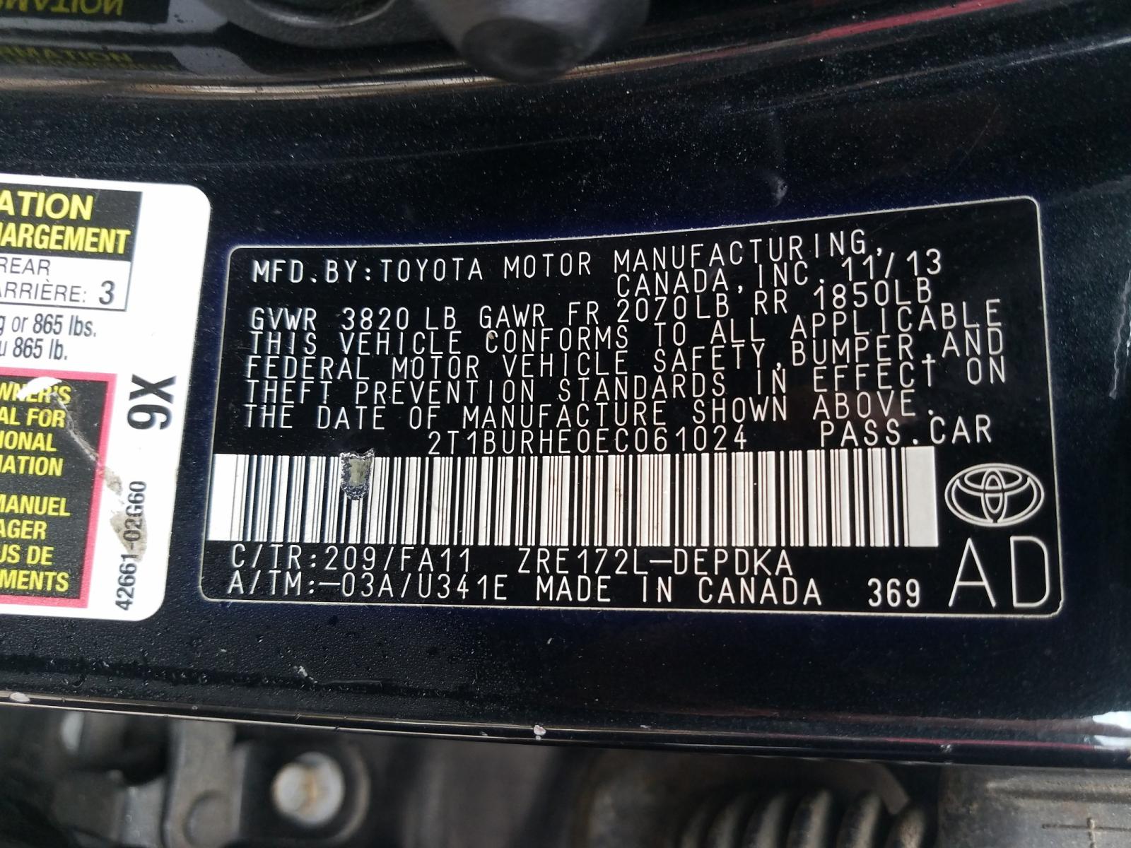 Photo 10 from auction – 2014 TOYOTA COROLLA L with VIN 2T1BURHE0EC061024