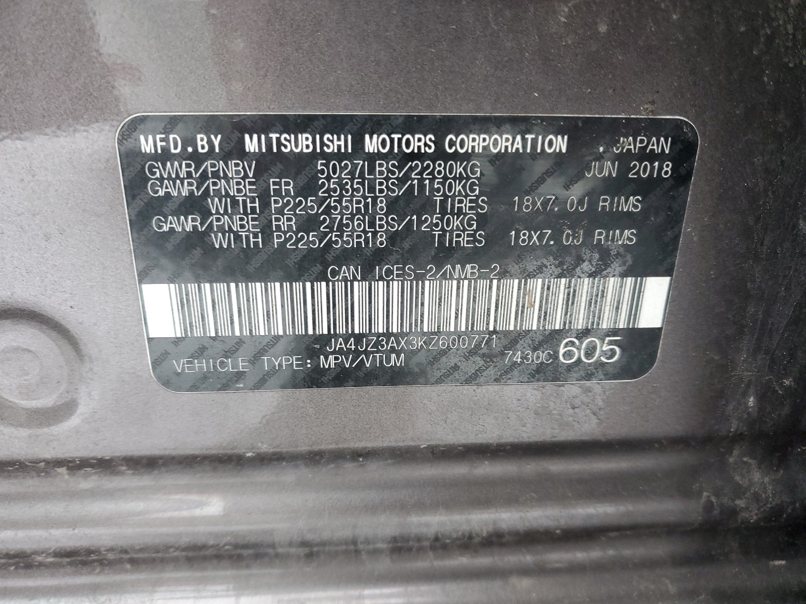 Photo 10 from auction – 2019 MITSUBISHI OUTLANDER with VIN JA4JZ3AX3KZ600771