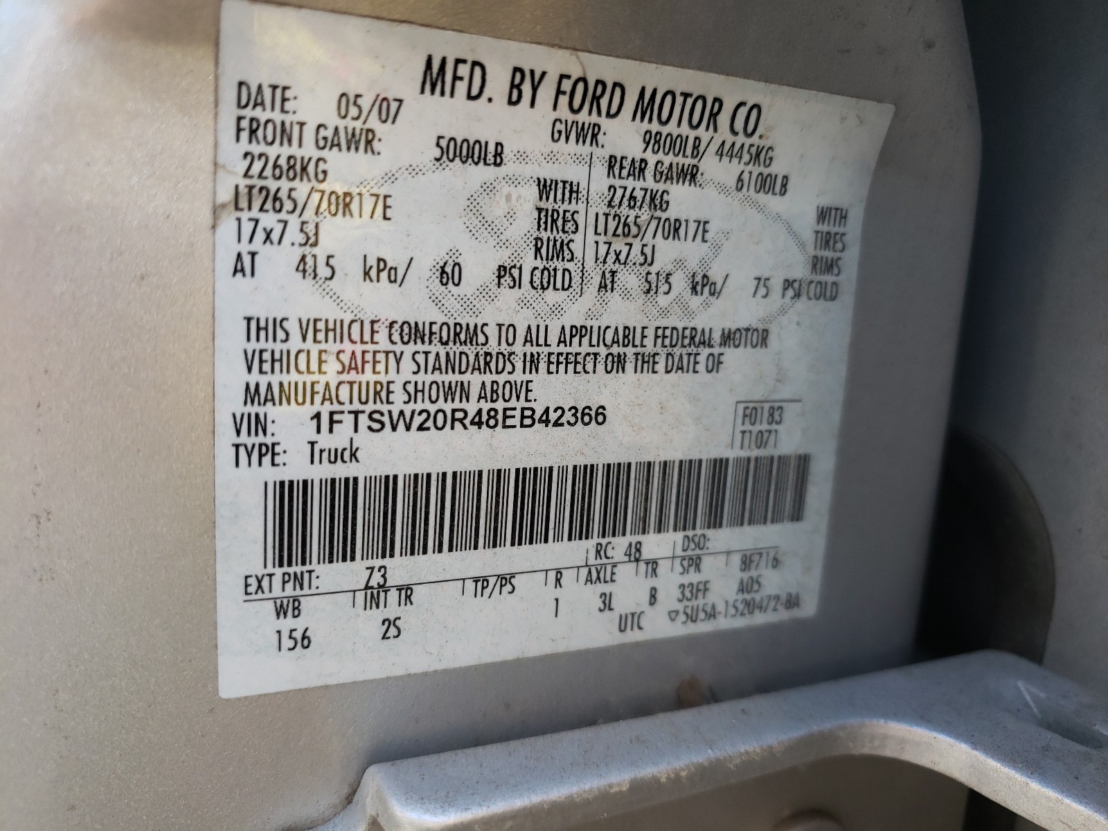 Photo 10 from auction – 2008 FORD F250 SUPER with VIN 1FTSW20R48EB42366
