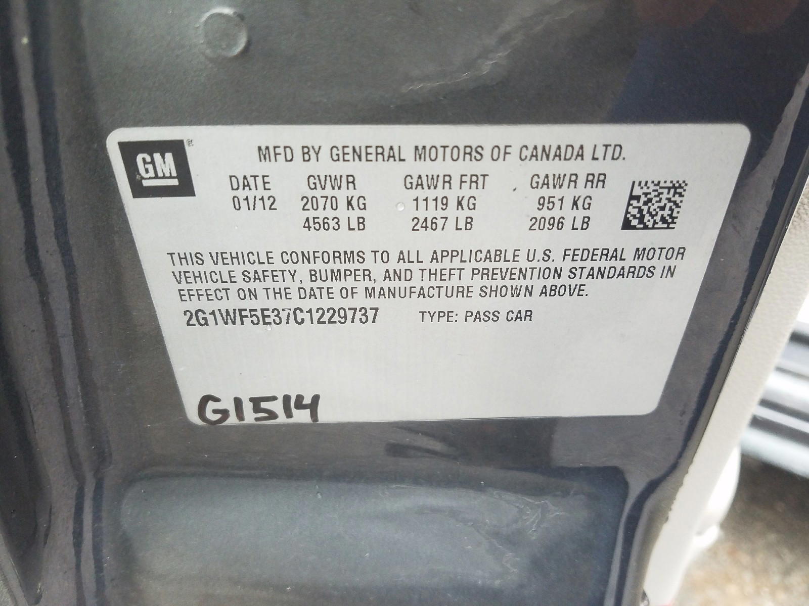 Photo 10 from auction – 2012 CHEVROLET IMPALA LS with VIN 2G1WF5E37C1229737
