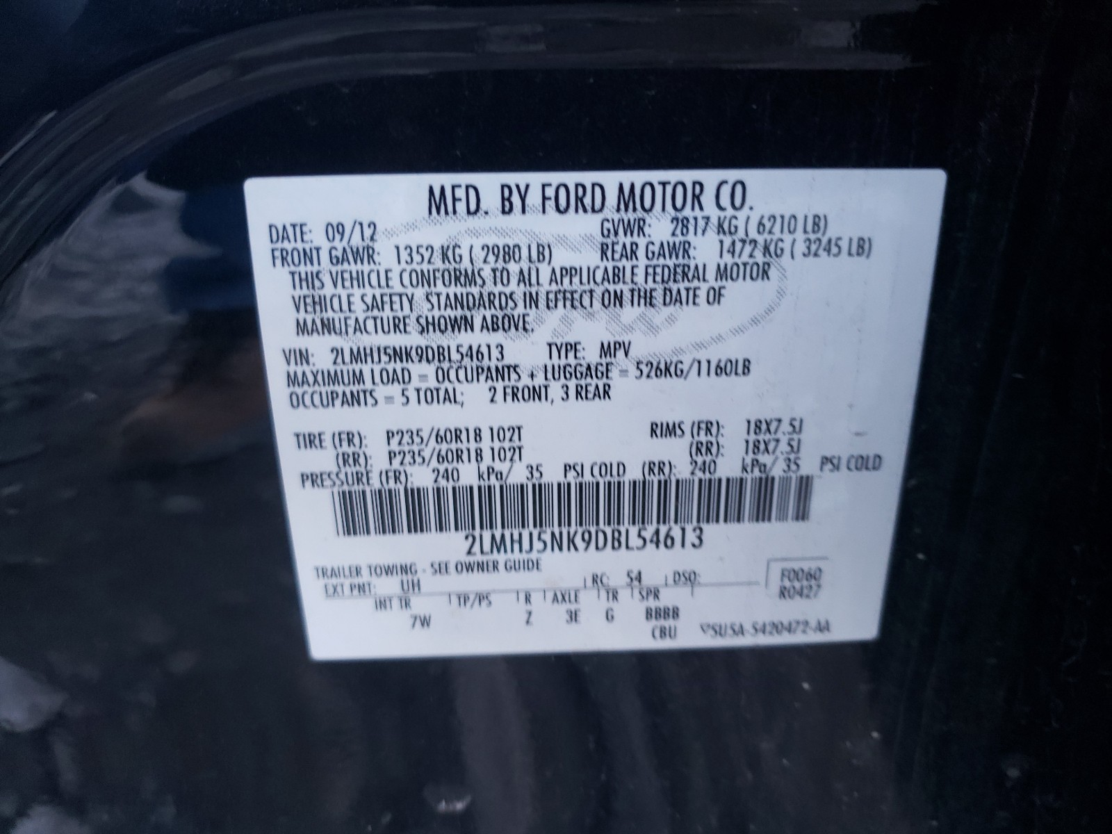 Photo 10 from auction – 2013 LINCOLN MKT with VIN 2LMHJ5NK9DBL54613