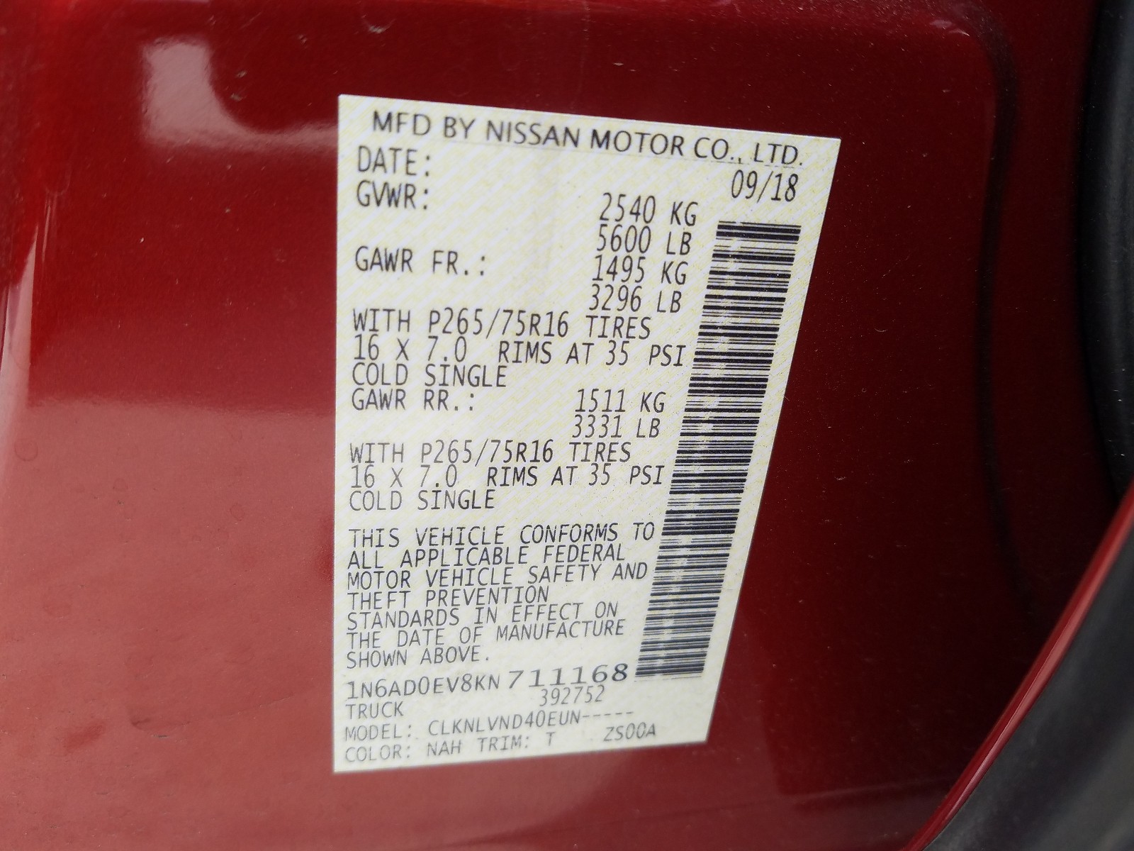 Photo 10 from auction – 2019 NISSAN FRONTIER S with VIN 1N6AD0EV8KN711168