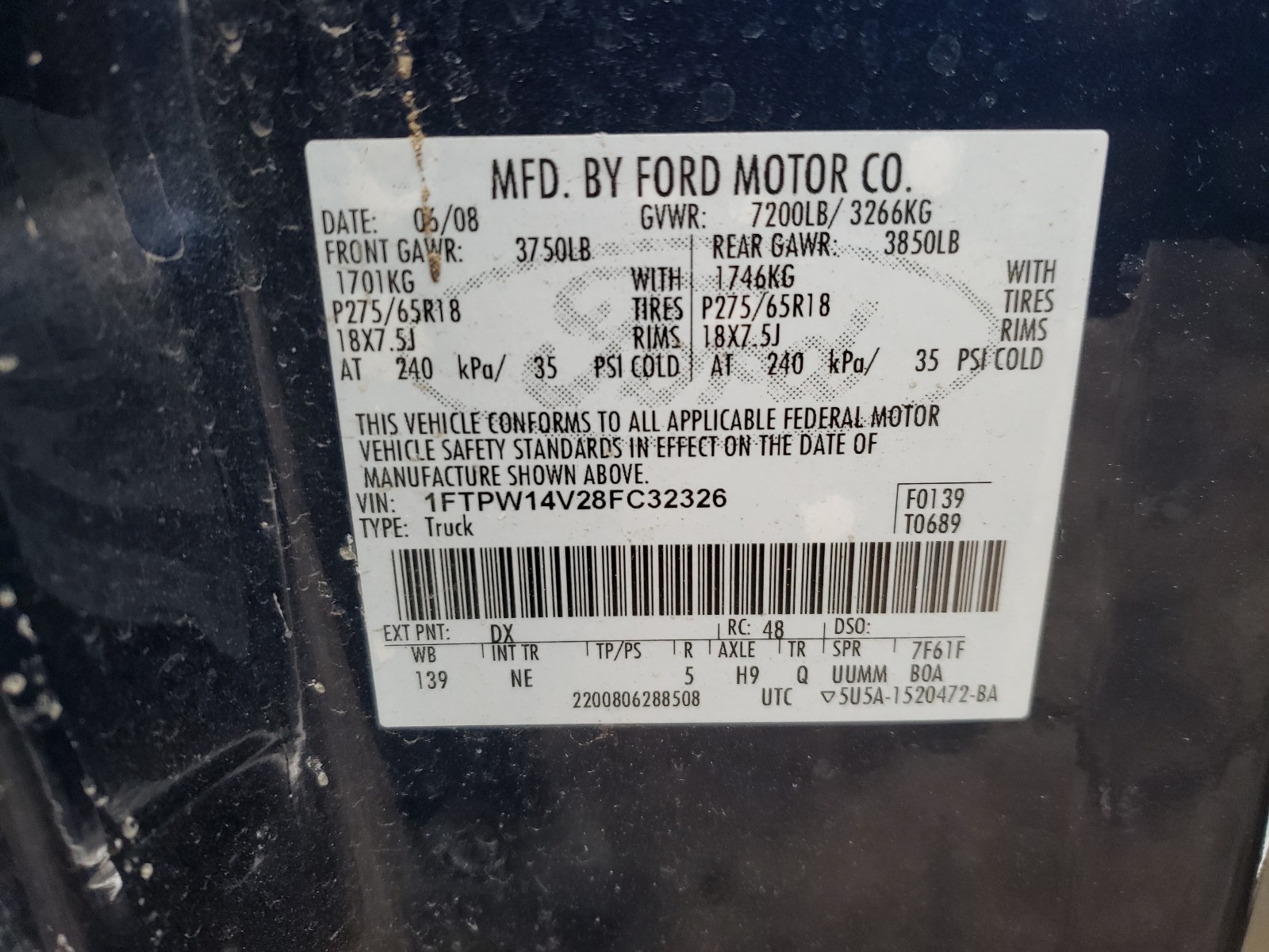 Photo 10 from auction – 2008 FORD F150 SUPER with VIN 1FTPW14V28FC32326