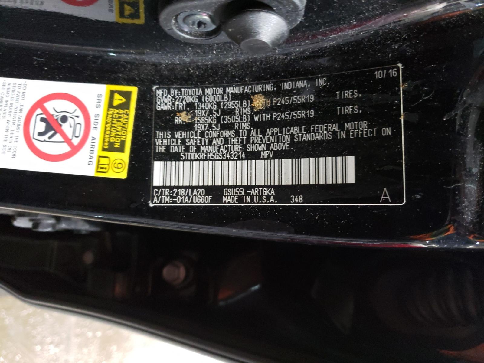 Photo 10 from auction – 2016 TOYOTA HIGHLANDER with VIN 5TDDKRFH5GS343214