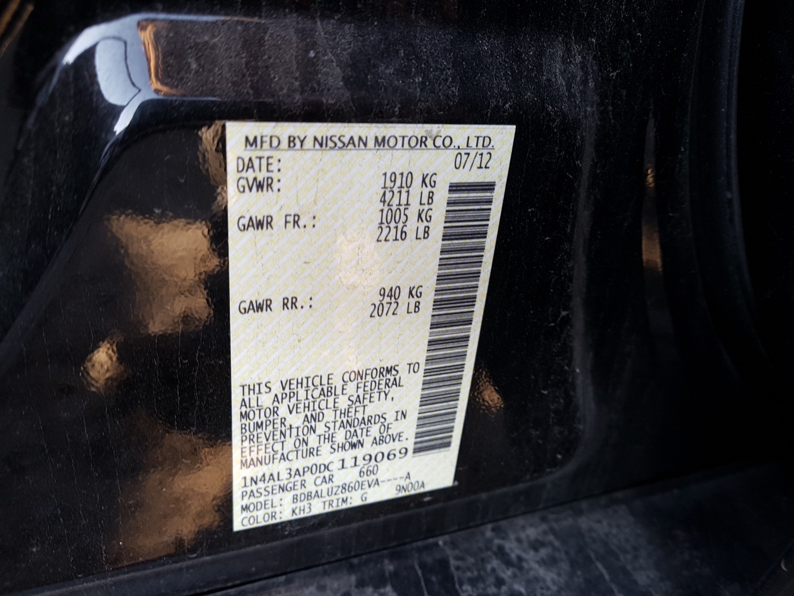 Photo 10 from auction – 2013 NISSAN ALTIMA 2.5 with VIN 1N4AL3AP0DC119069