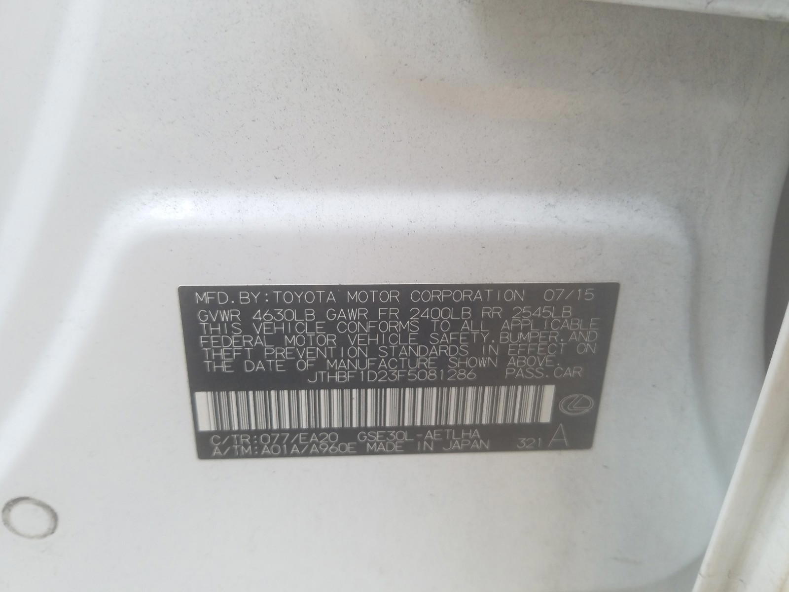 Photo 10 from auction – 2015 LEXUS IS 250 with VIN JTHBF1D23F5081286