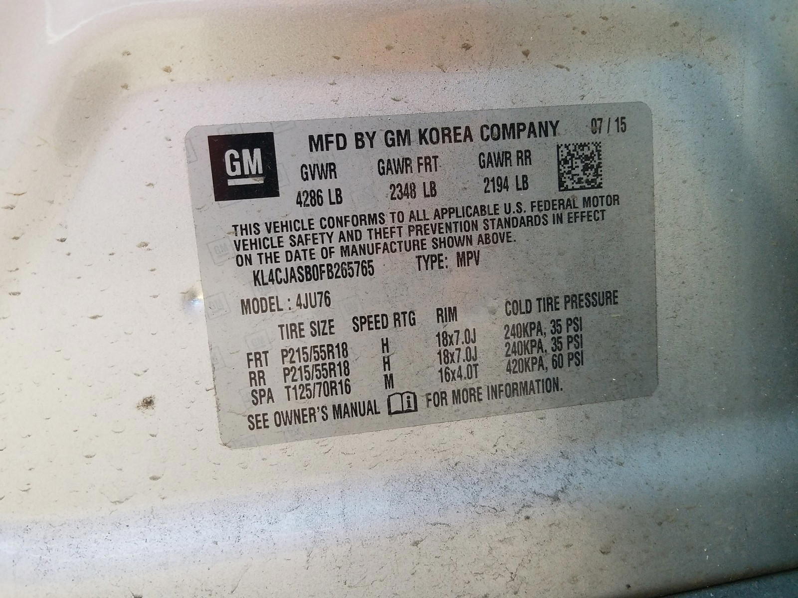 Photo 10 from auction – 2015 BUICK ENCORE with VIN KL4CJASB0FB265765