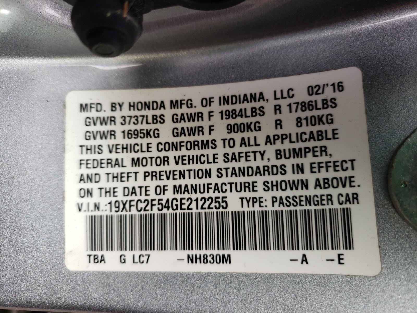 Photo 10 from auction – 2016 HONDA CIVIC LX with VIN 19XFC2F54GE212255