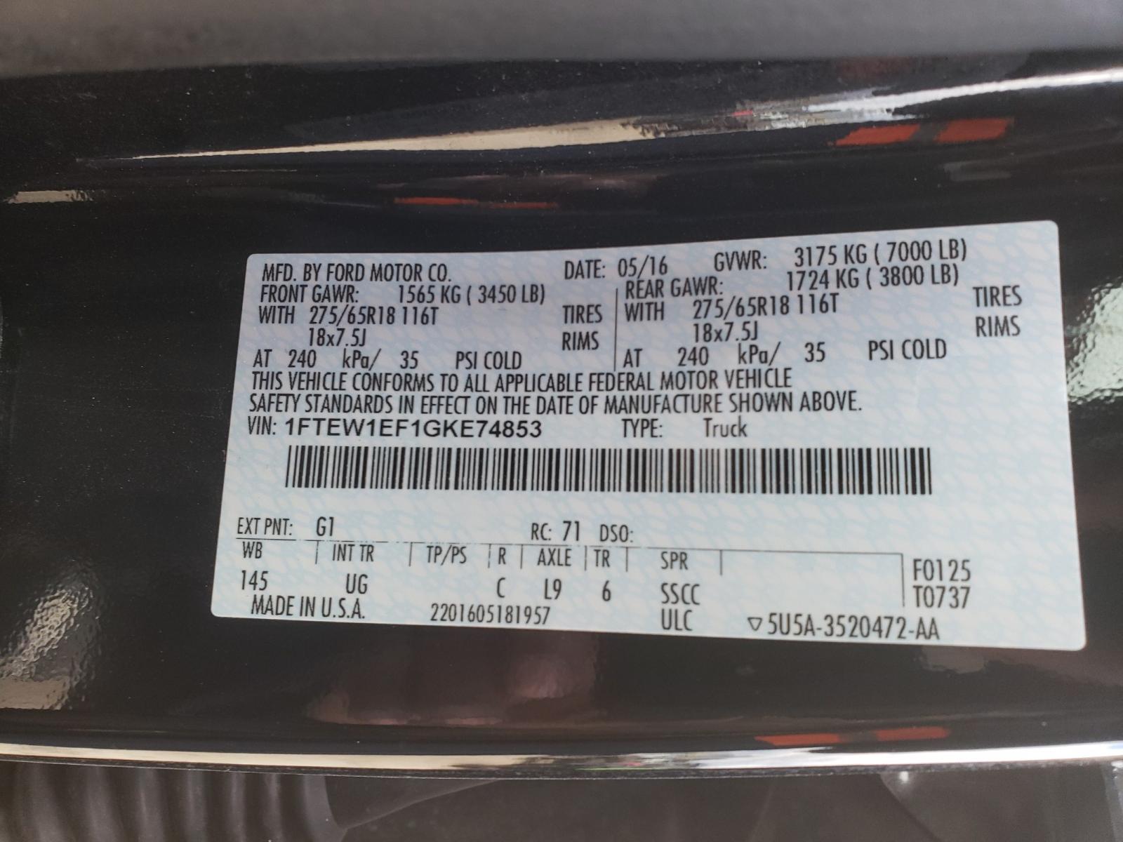 Photo 10 from auction – 2016 FORD F150 SUPER with VIN 1FTEW1EF1GKE74853