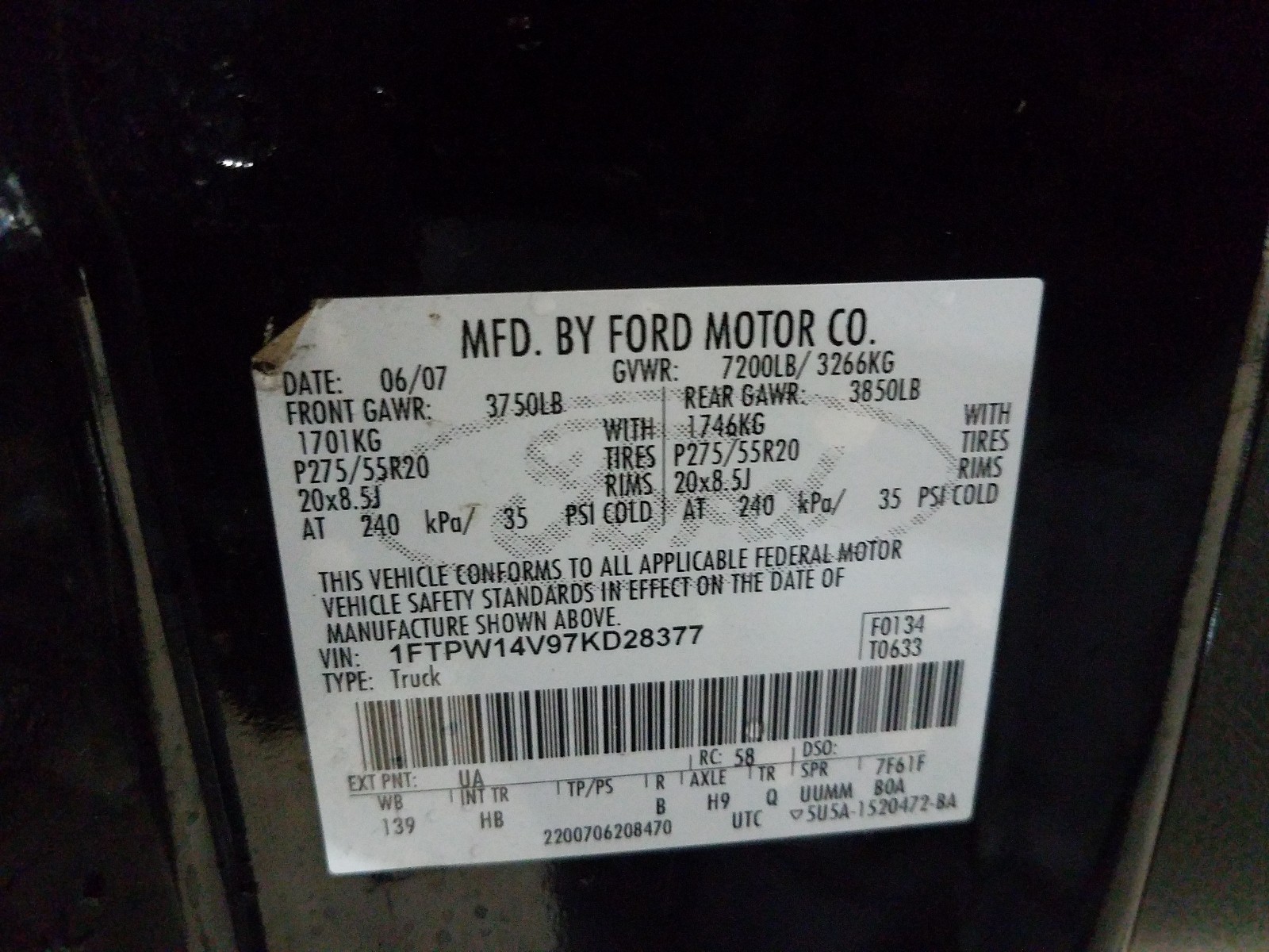 Photo 10 from auction – 2007 FORD F150 SUPER with VIN 1FTPW14V97KD28377