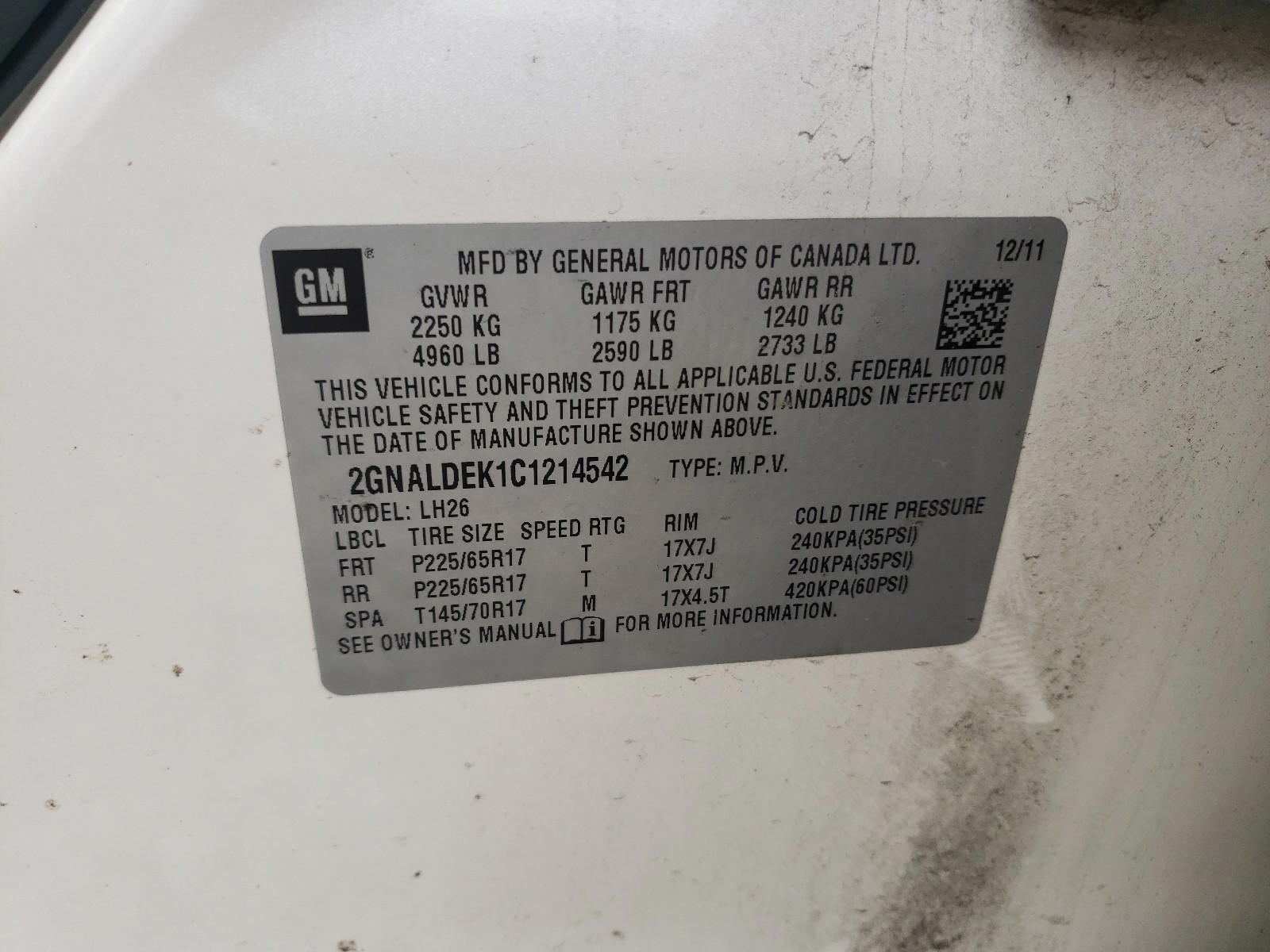 Photo 10 from auction – 2012 CHEVROLET EQUINOX with VIN 2GNALDEK1C1214542