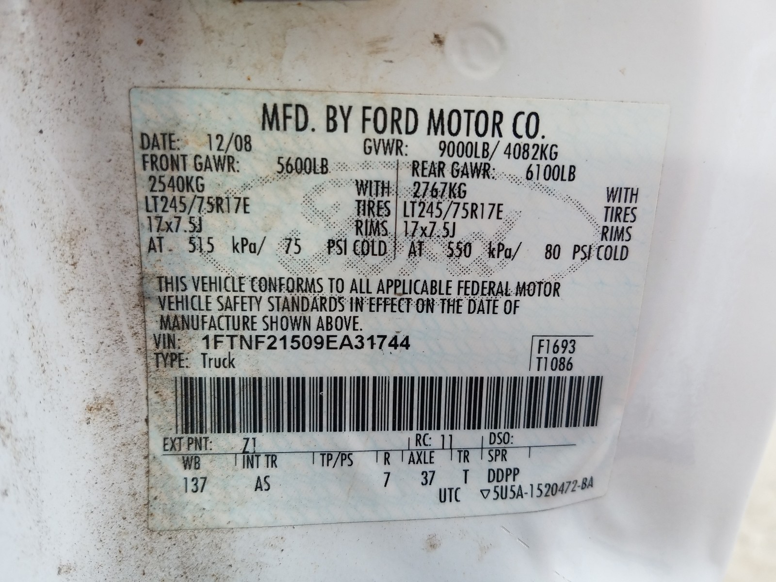 Photo 10 from auction – 2009 FORD F250 SUPER with VIN 1FTNF21509EA31744