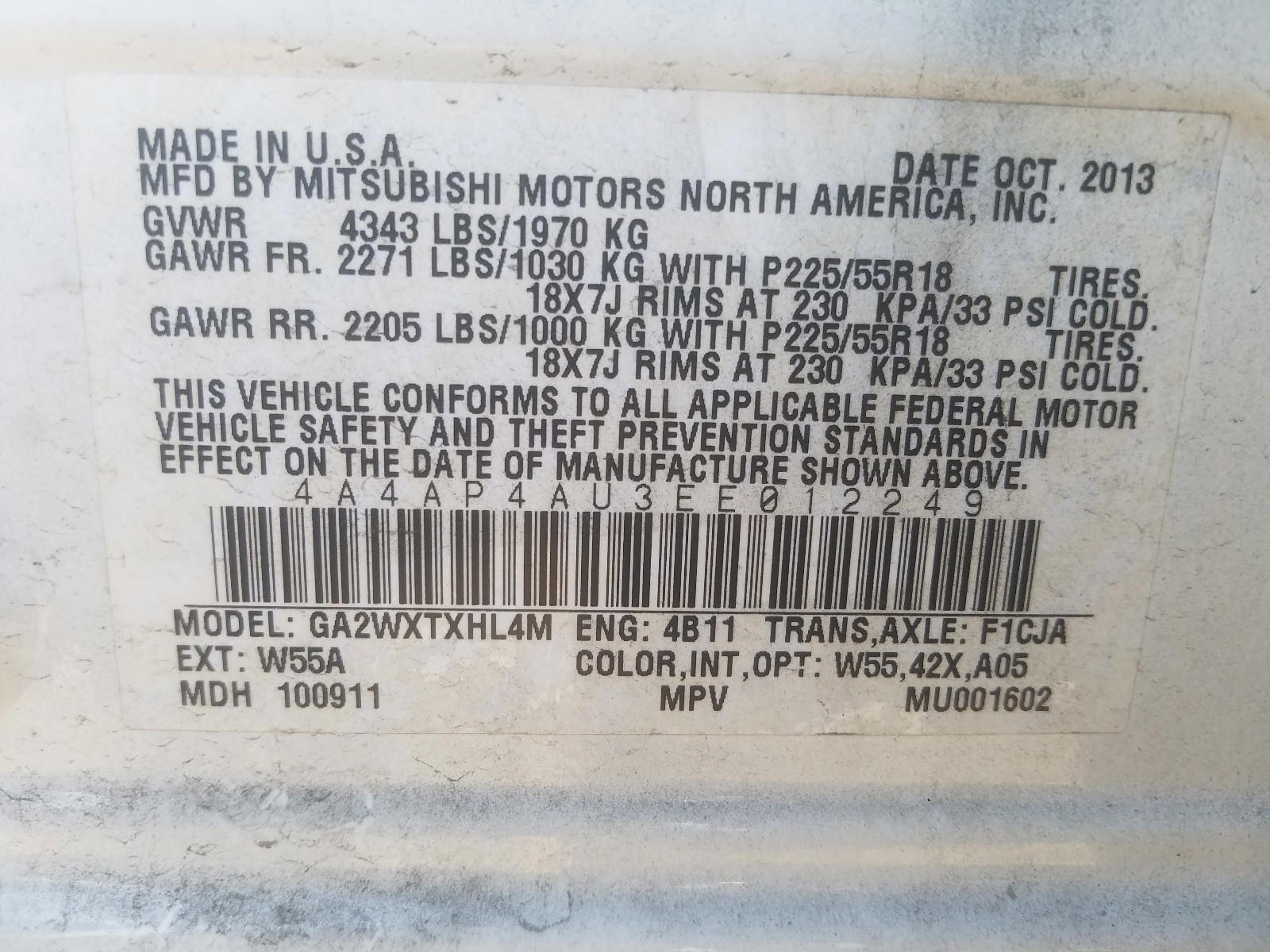 Photo 10 from auction – 2014 MITSUBISHI OUTLANDER with VIN 4A4AP4AU3EE012249