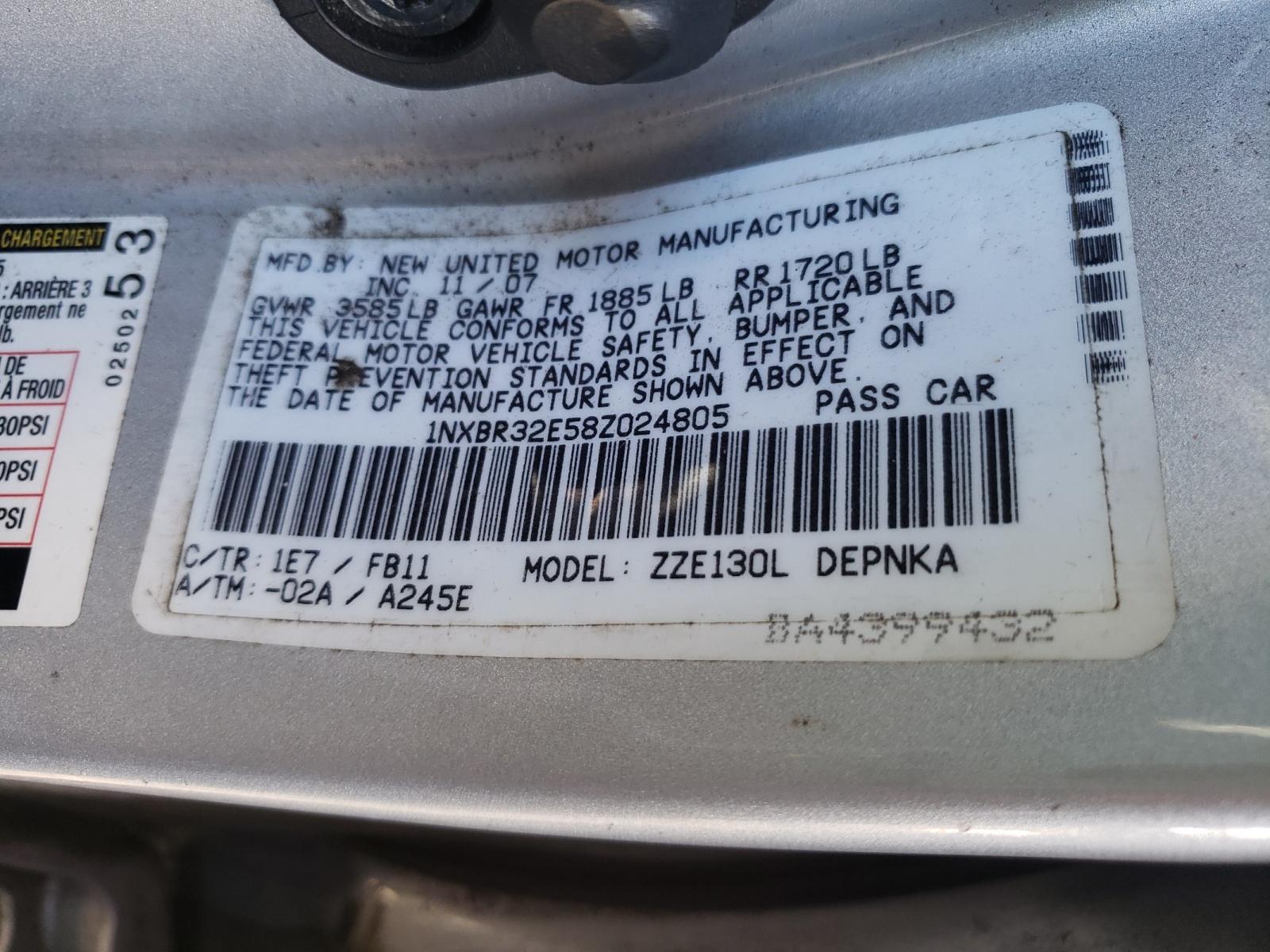 Photo 10 from auction – 2008 TOYOTA COROLLA CE with VIN 1NXBR32E58Z024805
