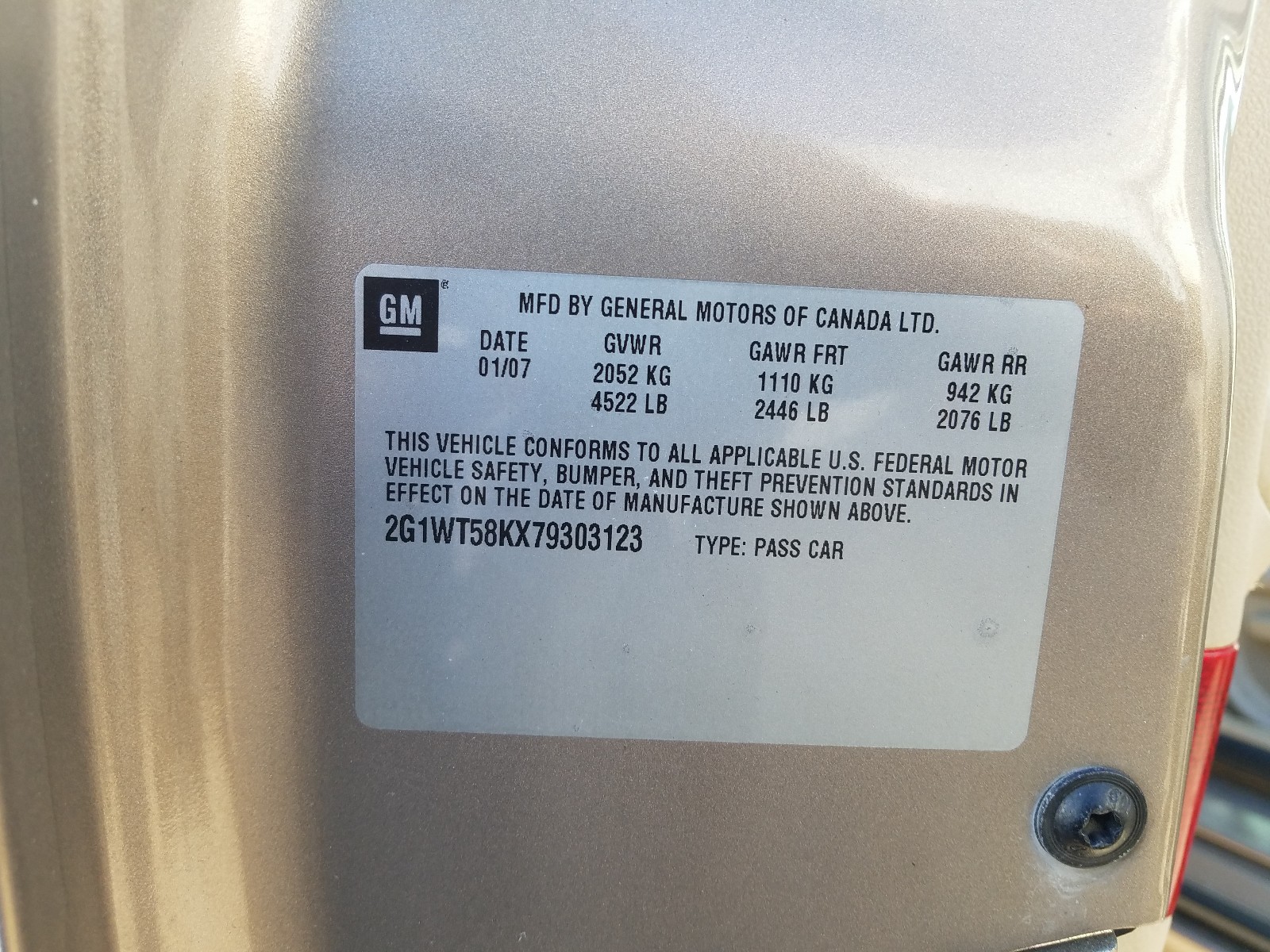 Photo 10 from auction – 2007 CHEVROLET IMPALA LT with VIN 2G1WT58KX79303123