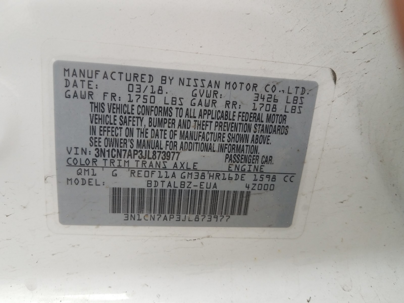 Photo 10 from auction – 2018 NISSAN VERSA S with VIN 3N1CN7AP3JL873977