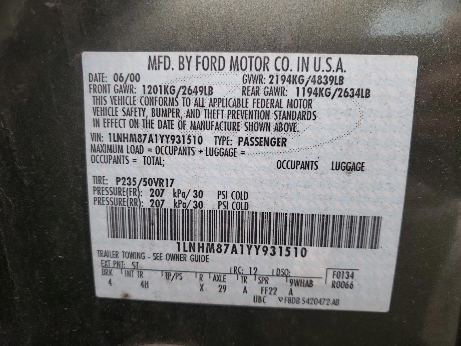 Photo 10 from auction – 2000 LINCOLN LS with VIN 1LNHM87A1YY931510