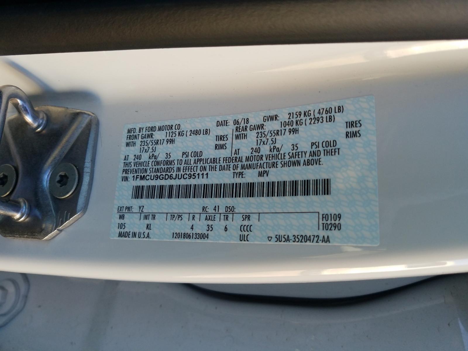 Photo 10 from auction – 2018 FORD ESCAPE SE with VIN 1FMCU9GD6JUC95111
