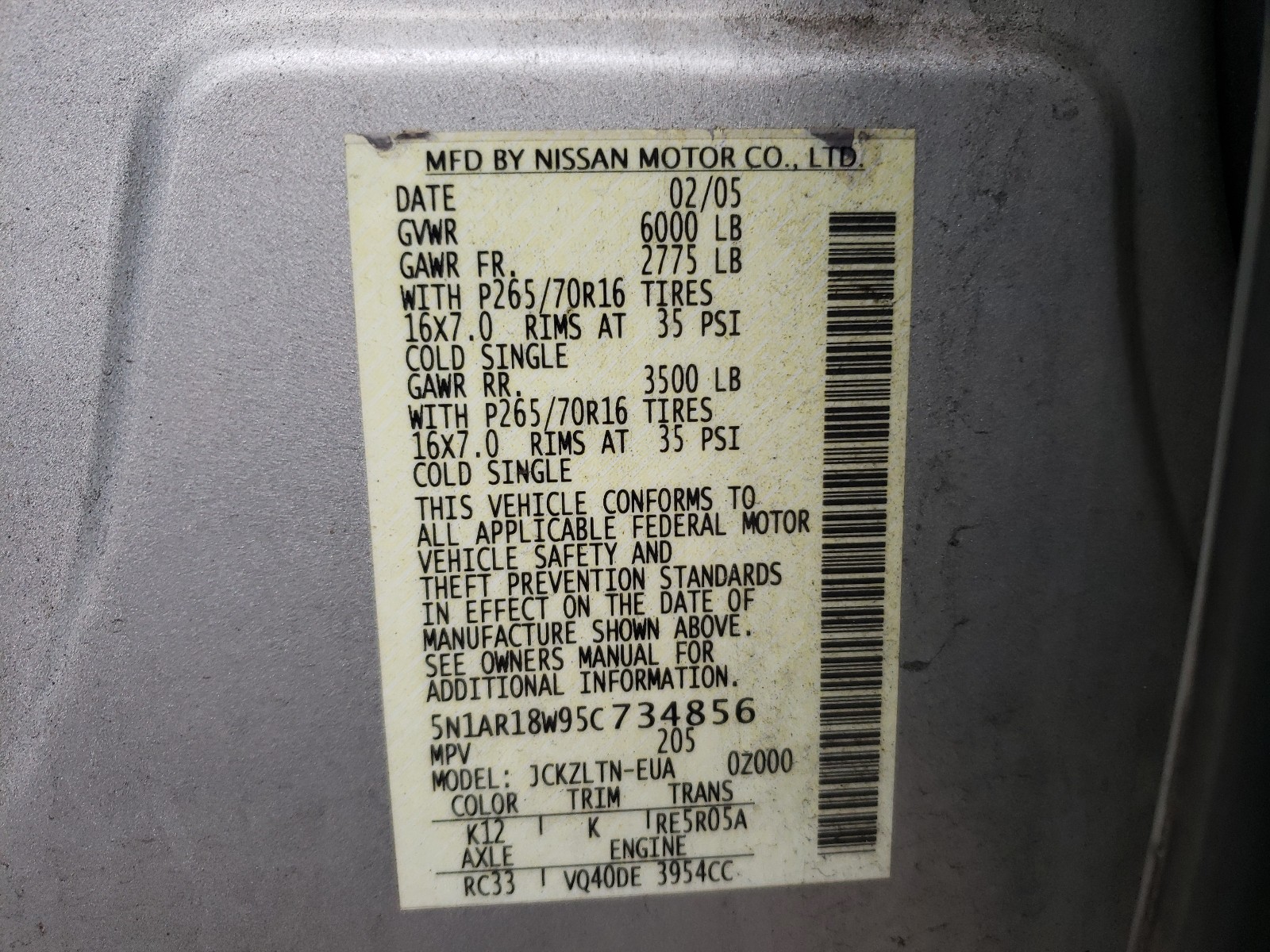 Photo 10 from auction – 2005 NISSAN PATHFINDER with VIN 5N1AR18W95C734856