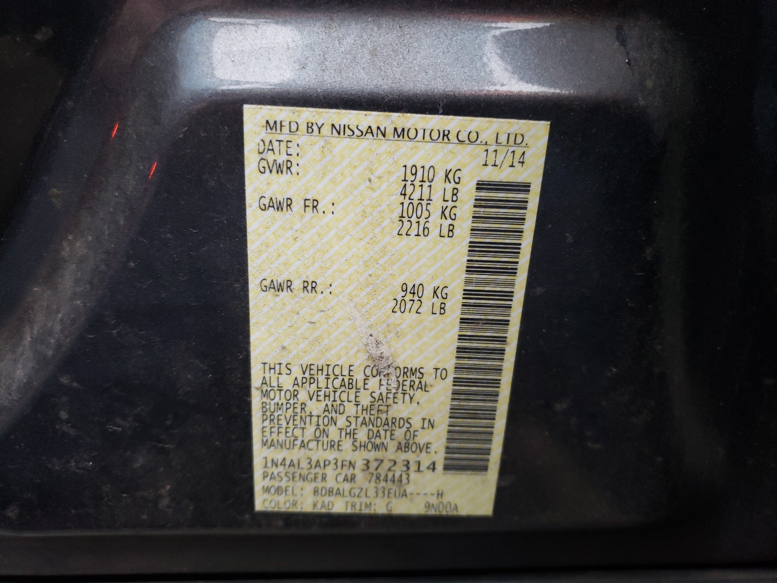 Photo 10 from auction – 2015 NISSAN ALTIMA 2.5 with VIN 1N4AL3AP3FN372314