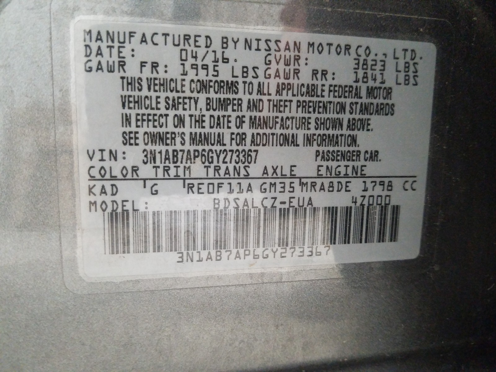 Photo 10 from auction – 2016 NISSAN SENTRA S with VIN 3N1AB7AP6GY273367