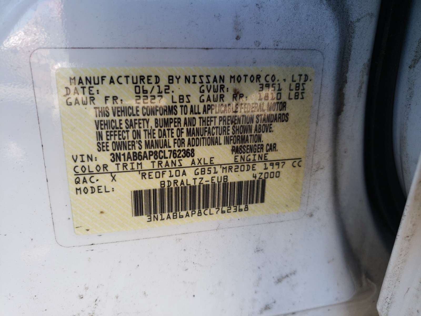 Photo 10 from auction – 2012 NISSAN SENTRA 2.0 with VIN 3N1AB6AP8CL762368