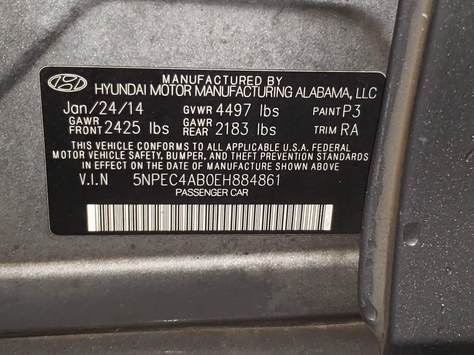 Photo 10 from auction – 2014 HYUNDAI SONATA 2.0 with VIN 5NPEC4AB0EH884861