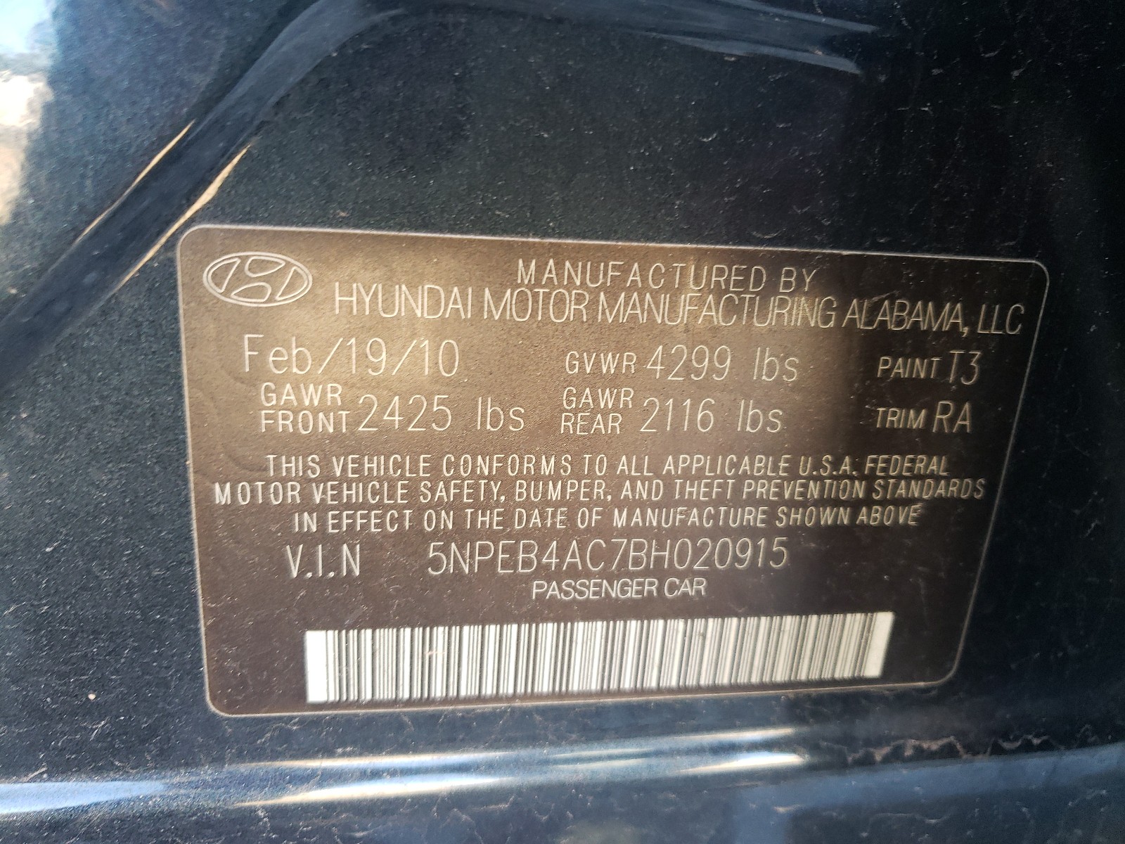 Photo 10 from auction – 2011 HYUNDAI SONATA GLS with VIN 5NPEB4AC7BH020915