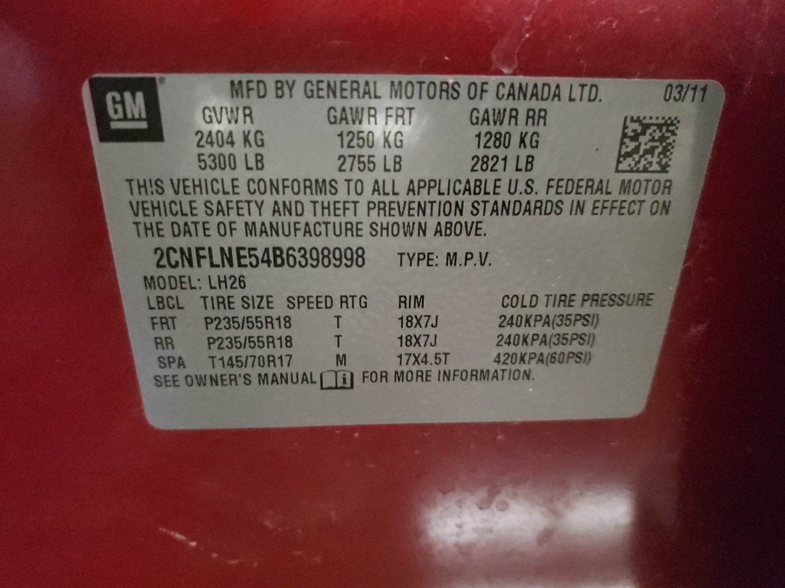 Photo 10 from auction – 2011 CHEVROLET EQUINOX LT with VIN 2CNFLNE54B6398998
