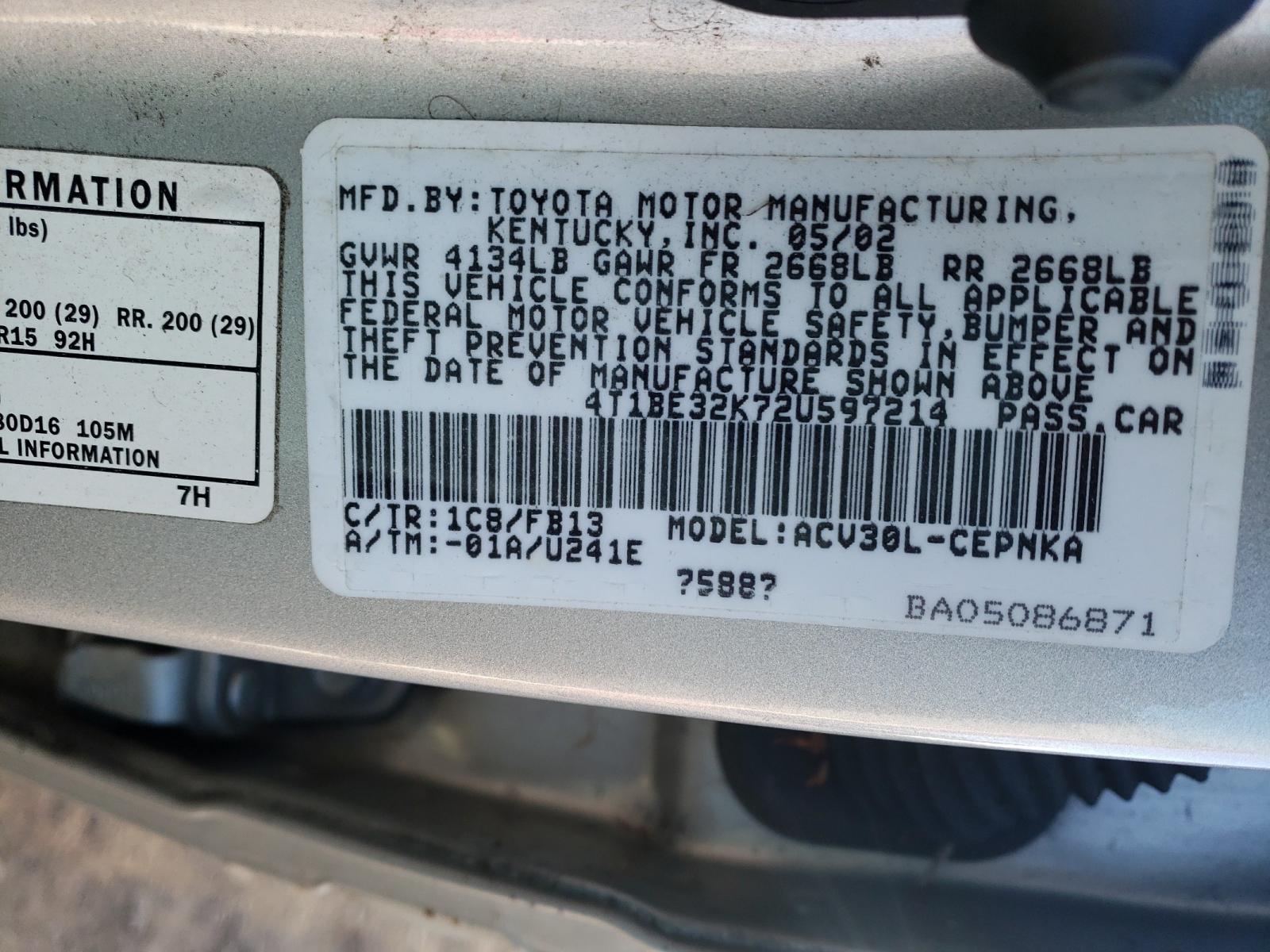 Photo 10 from auction – 2002 TOYOTA CAMRY LE with VIN 4T1BE32K72U597214