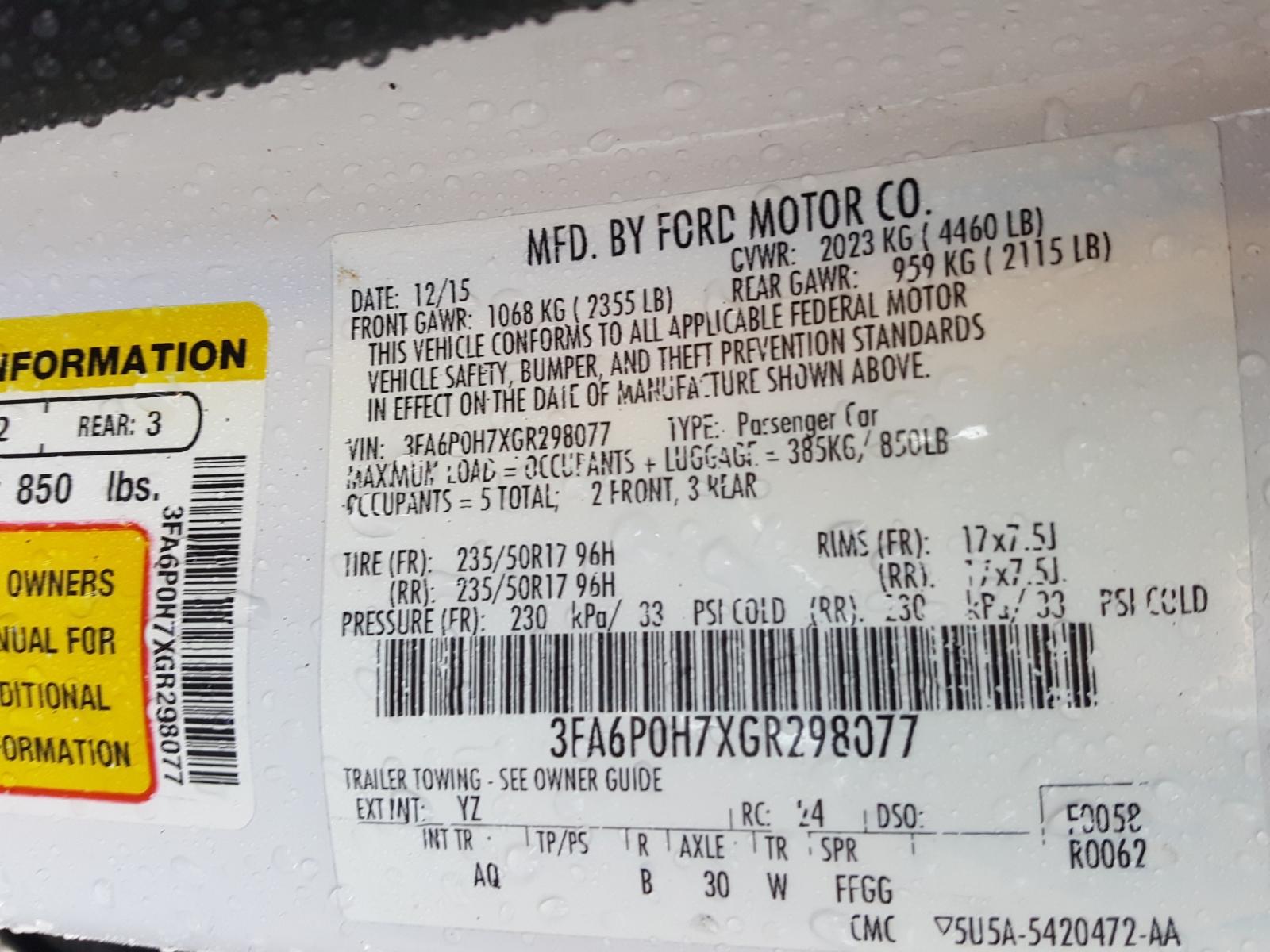 Photo 10 from auction – 2016 FORD FUSION SE with VIN 3FA6P0H7XGR298077