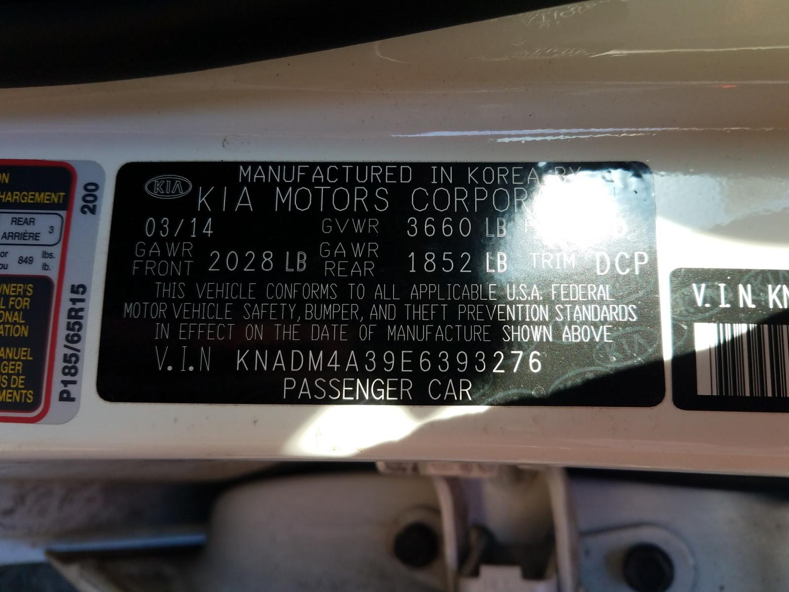 Photo 10 from auction – 2014 KIA RIO LX with VIN KNADM4A39E6393276