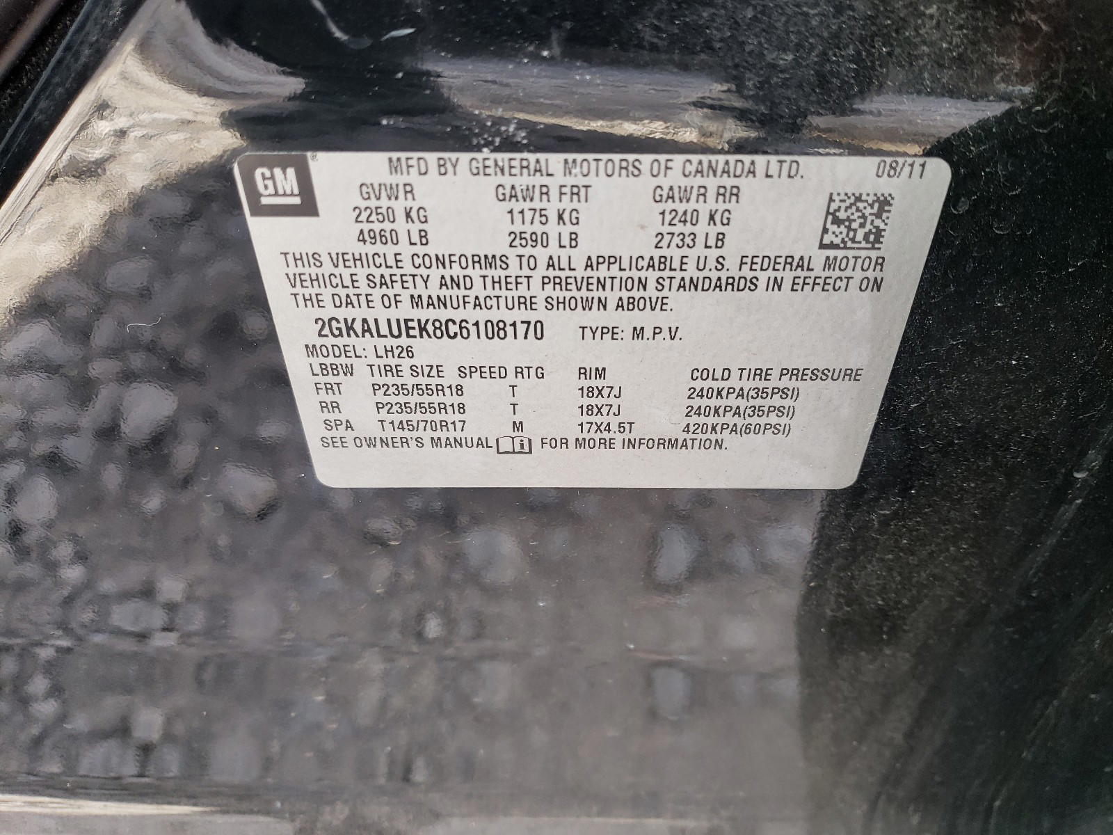 Photo 10 from auction – 2012 GMC TERRAIN DE with VIN 2GKALUEK8C6108170