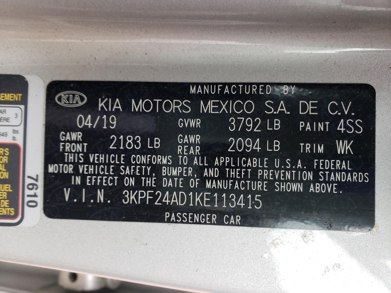 Photo 10 from auction – 2019 KIA FORTE FE with VIN 3KPF24AD1KE113415
